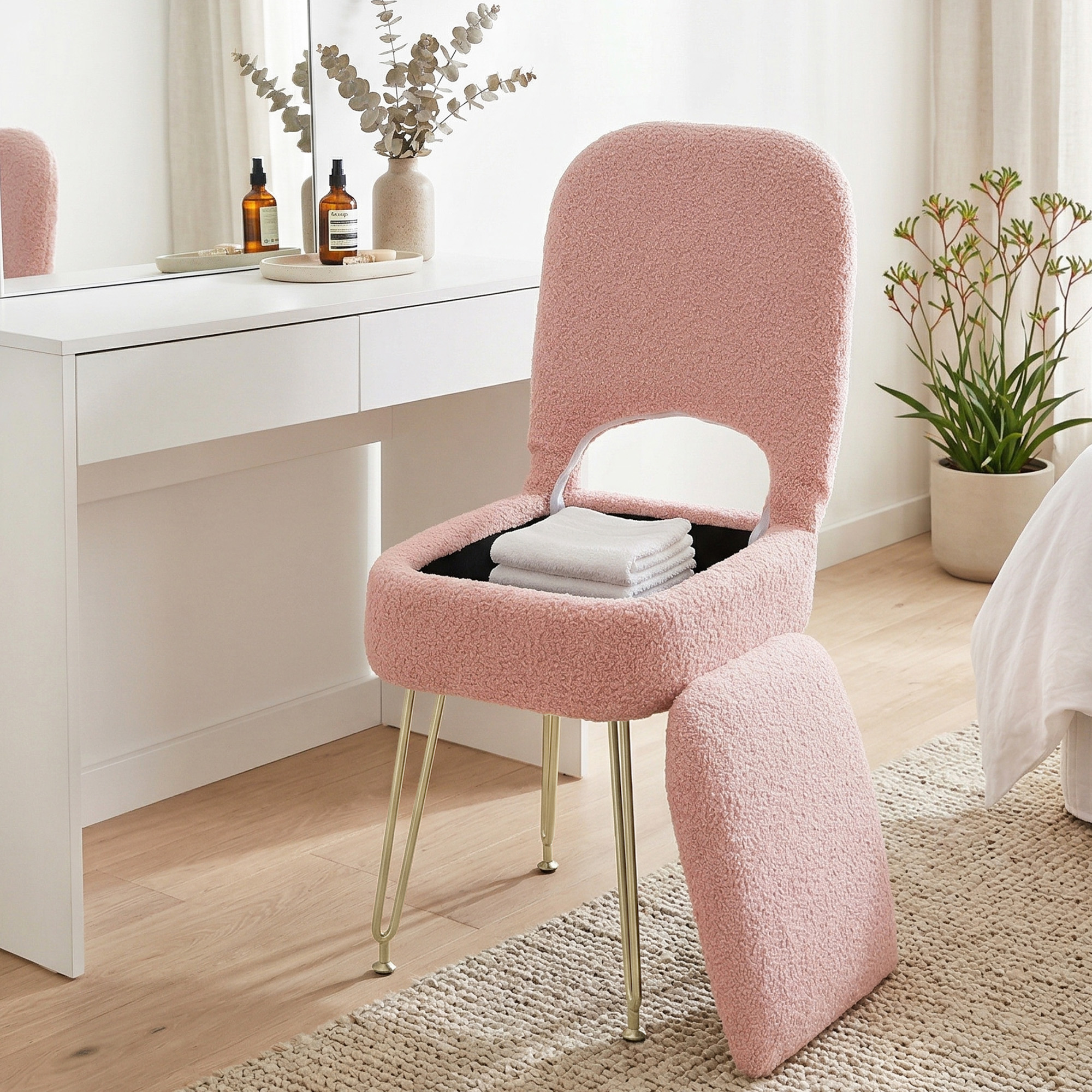 Artiss Storage Ottoman Vanity Stool Foot Stool Folding Back Pink - Image 1