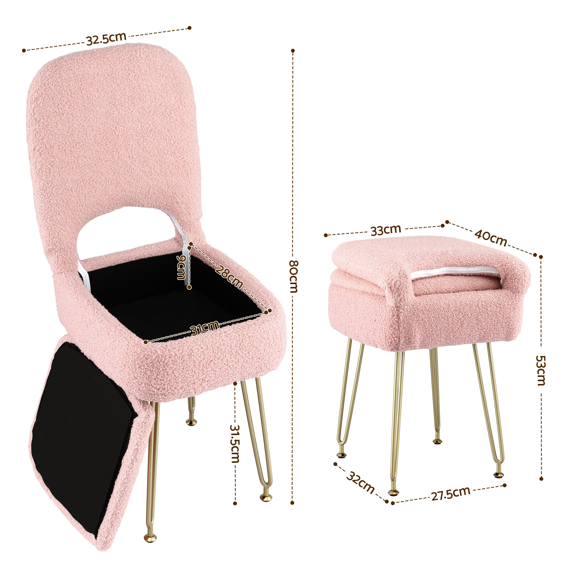 Artiss Storage Ottoman Vanity Stool Foot Stool Folding Back Pink - Image 2