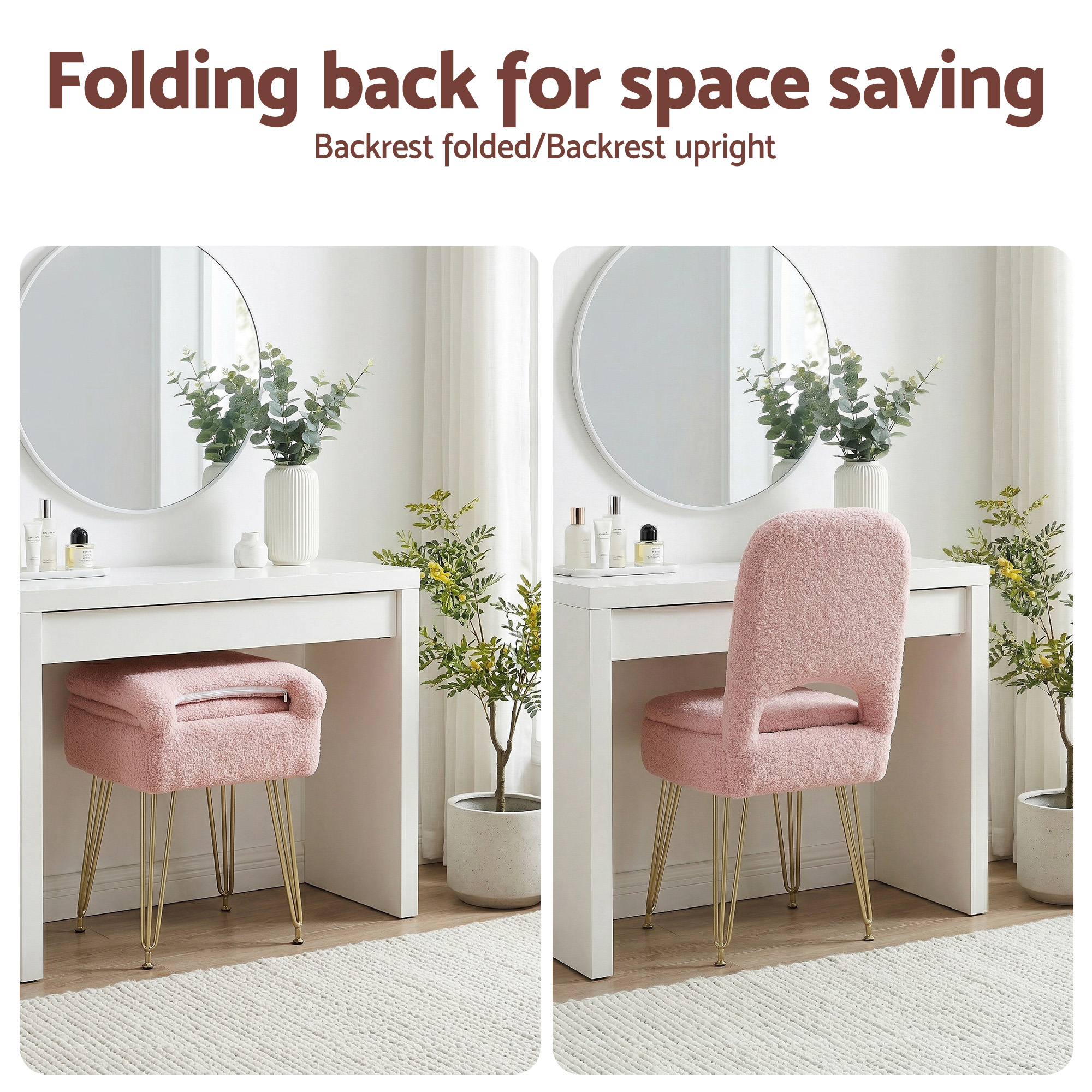 Artiss Storage Ottoman Vanity Stool Foot Stool Folding Back Pink - Image 4