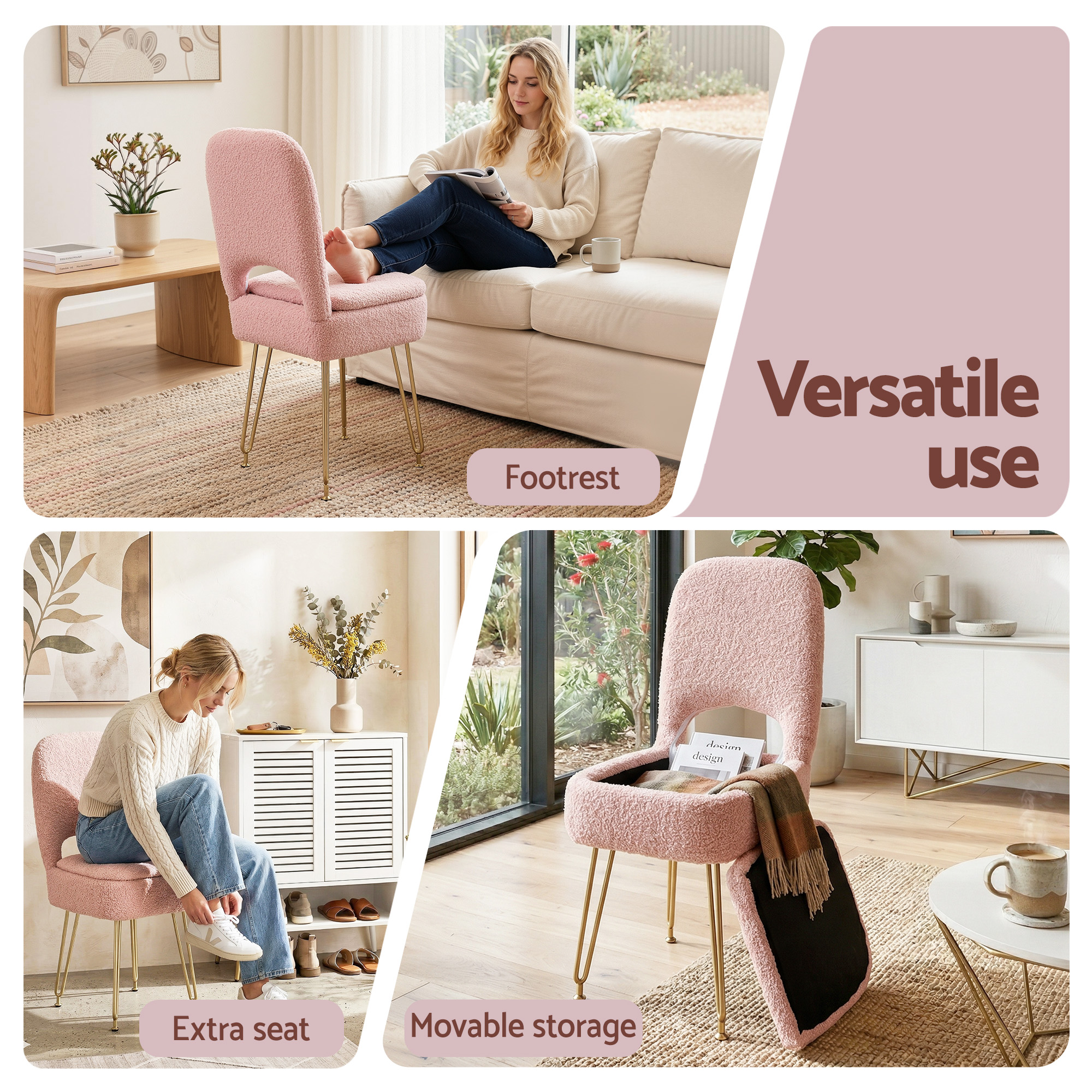 Artiss Storage Ottoman Vanity Stool Foot Stool Folding Back Pink - Image 7