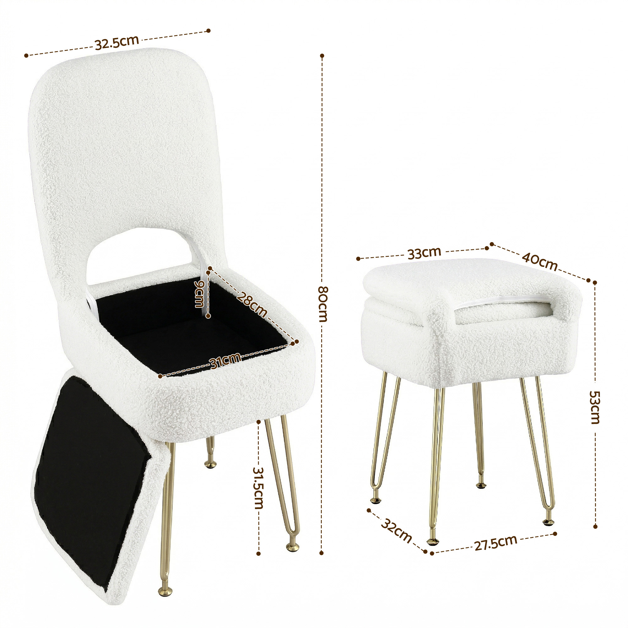 Artiss Storage Ottoman Vanity Stool Foot Stool Folding Back White - Image 2