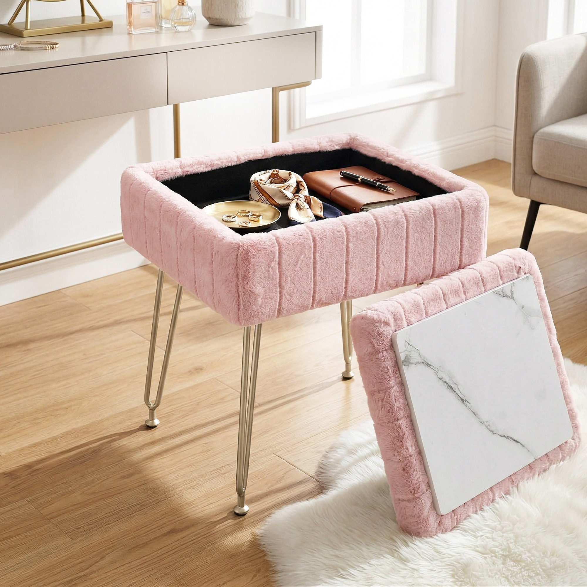 Artiss Storage Ottoman Vanity Foot Stool Pink - Image 1