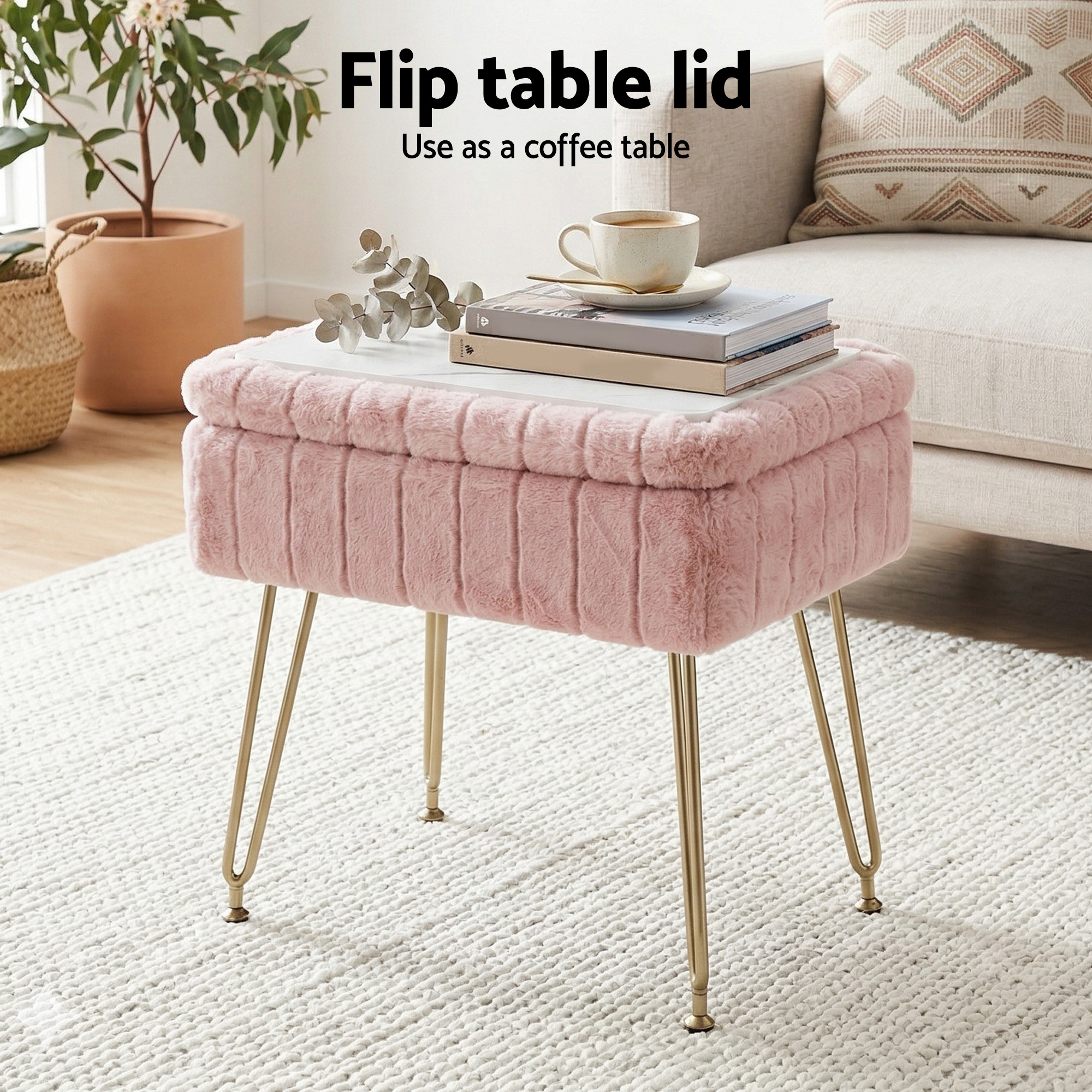 Artiss Storage Ottoman Vanity Foot Stool Pink - Image 4
