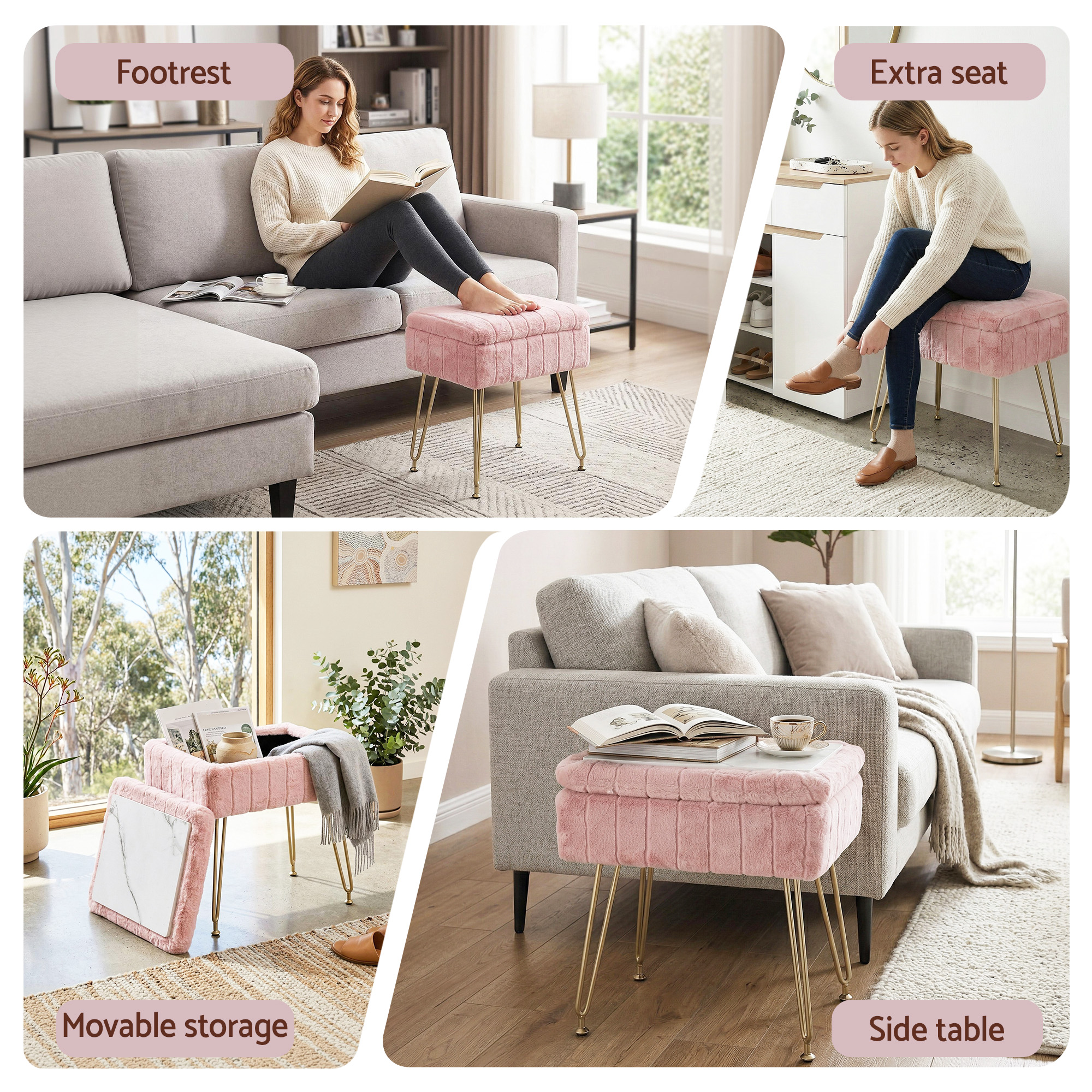 Artiss Storage Ottoman Vanity Foot Stool Pink - Image 7