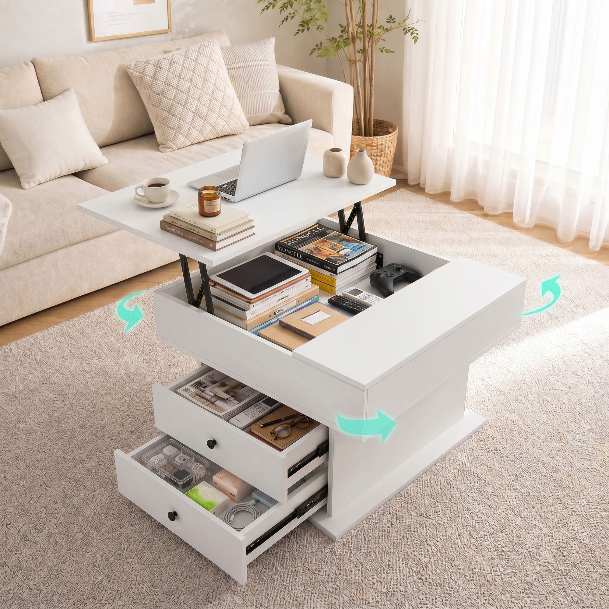 Artiss Lift Top Coffee Table Centre Table with Rotating Top Hidden Storage White - Image 1