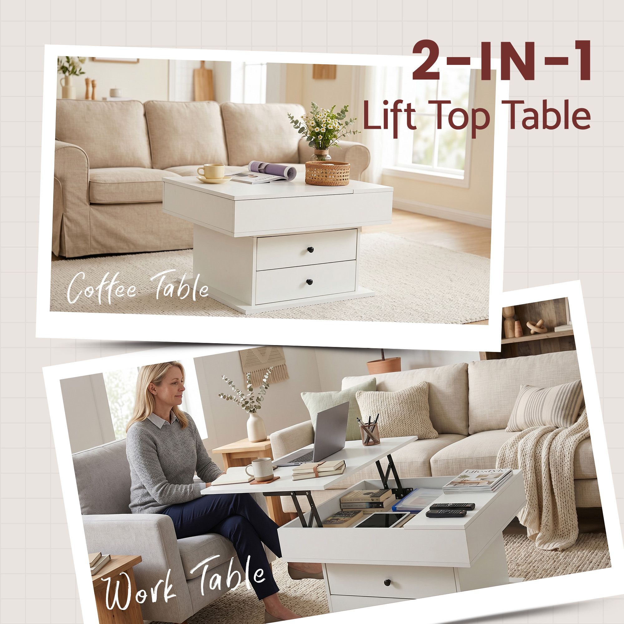 Artiss Lift Top Coffee Table Centre Table with Rotating Top Hidden Storage White - Image 7