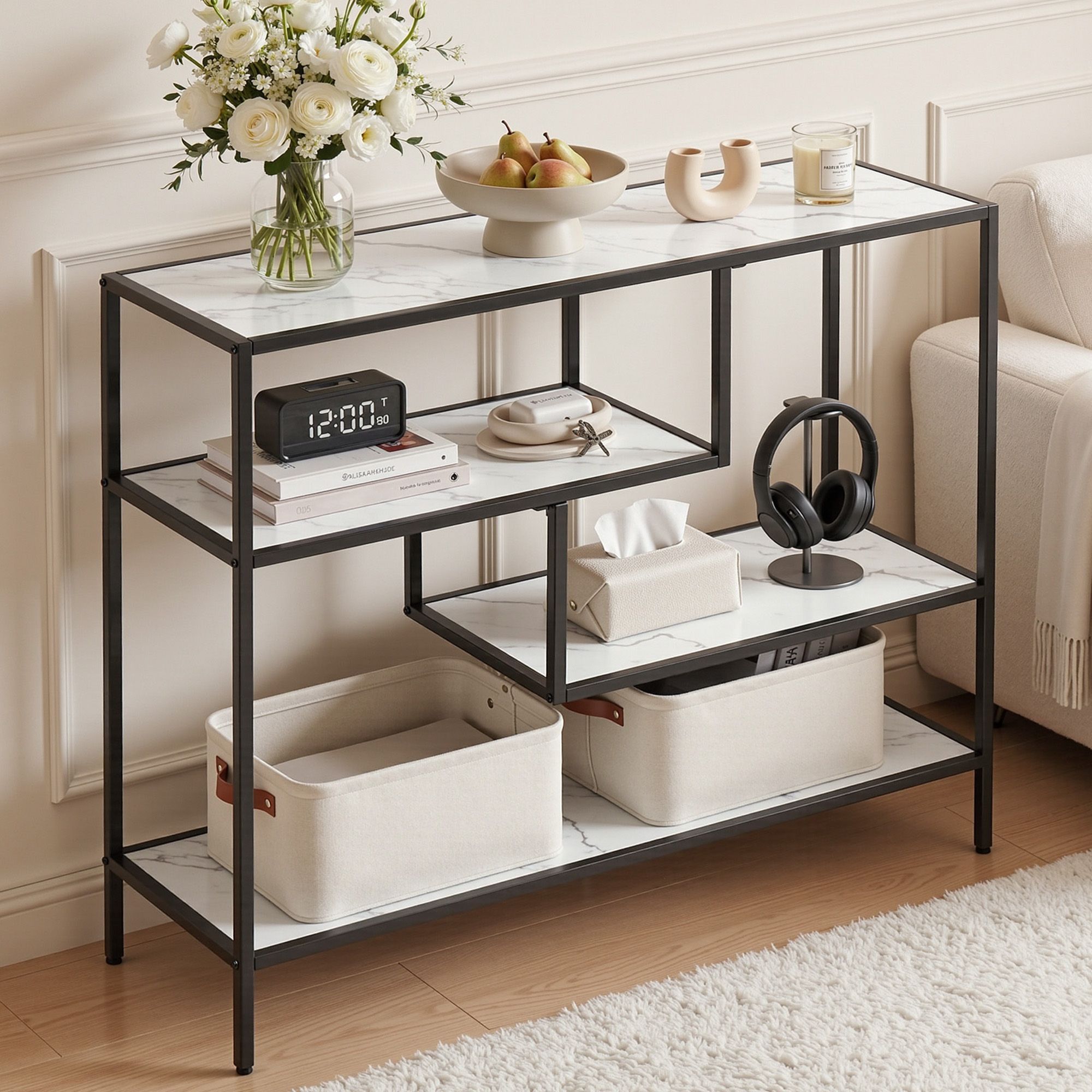 Artiss Console Table Entryway Hallway Marble Effect 4-Tier Storage Shelves White - Image 1