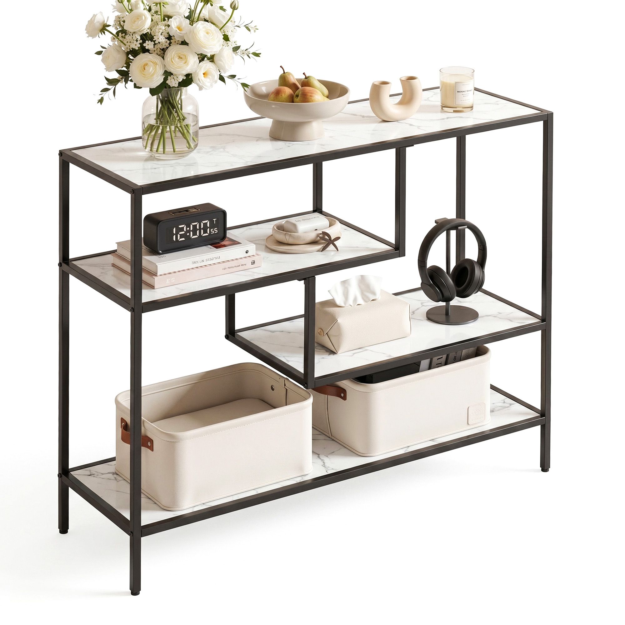 Artiss Console Table Entryway Hallway Marble Effect 4-Tier Storage Shelves White - Image 2