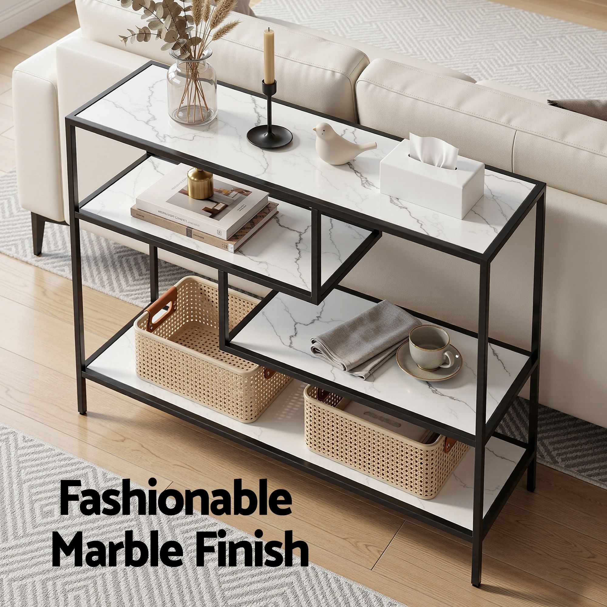 Artiss Console Table Entryway Hallway Marble Effect 4-Tier Storage Shelves White - Image 6
