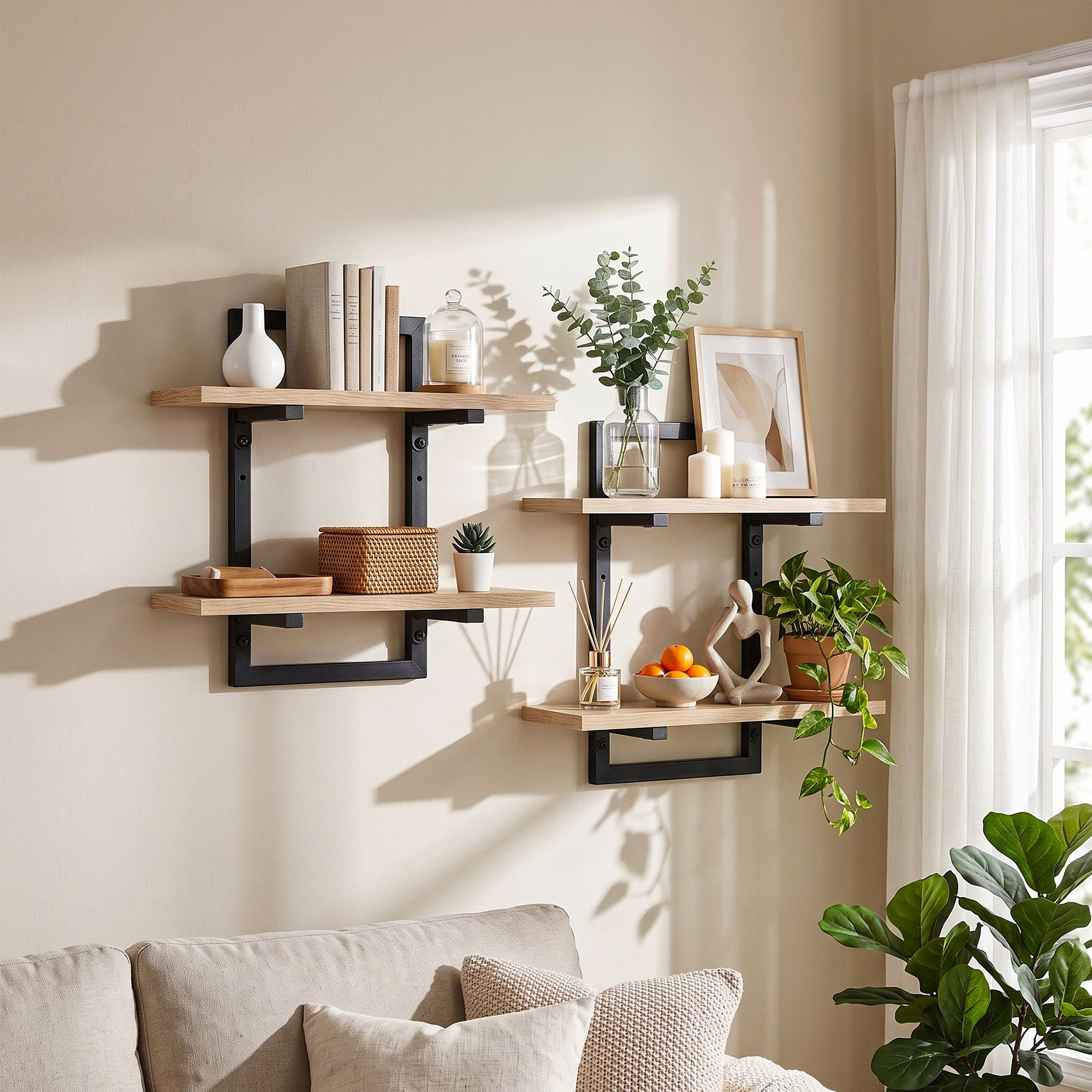 Artiss Set of 2 Floating Wall Shelf 2-Tier Wall-Mounted Display Ledge Wood & Metal - Image 1