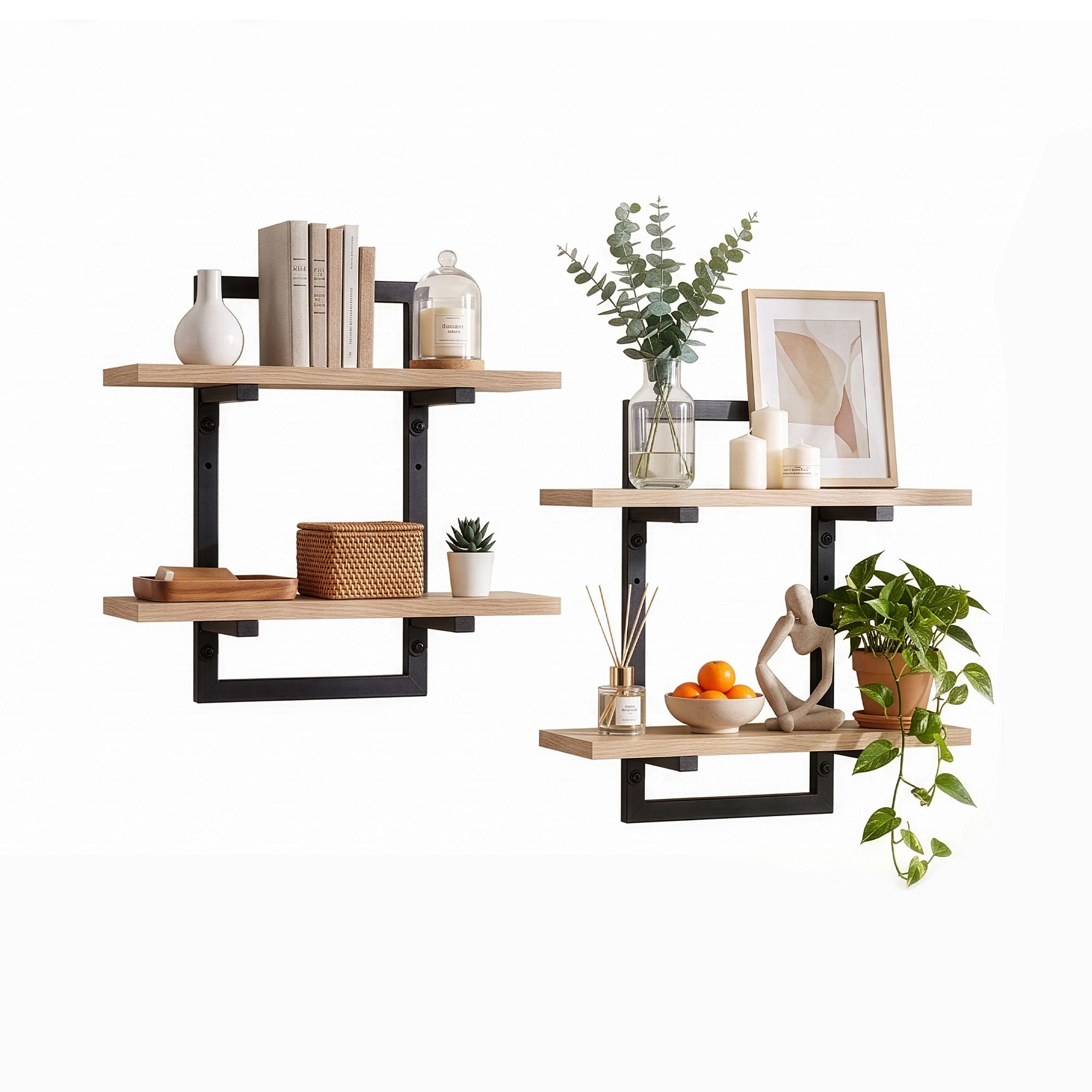 Artiss Set of 2 Floating Wall Shelf 2-Tier Wall-Mounted Display Ledge Wood & Metal - Image 2