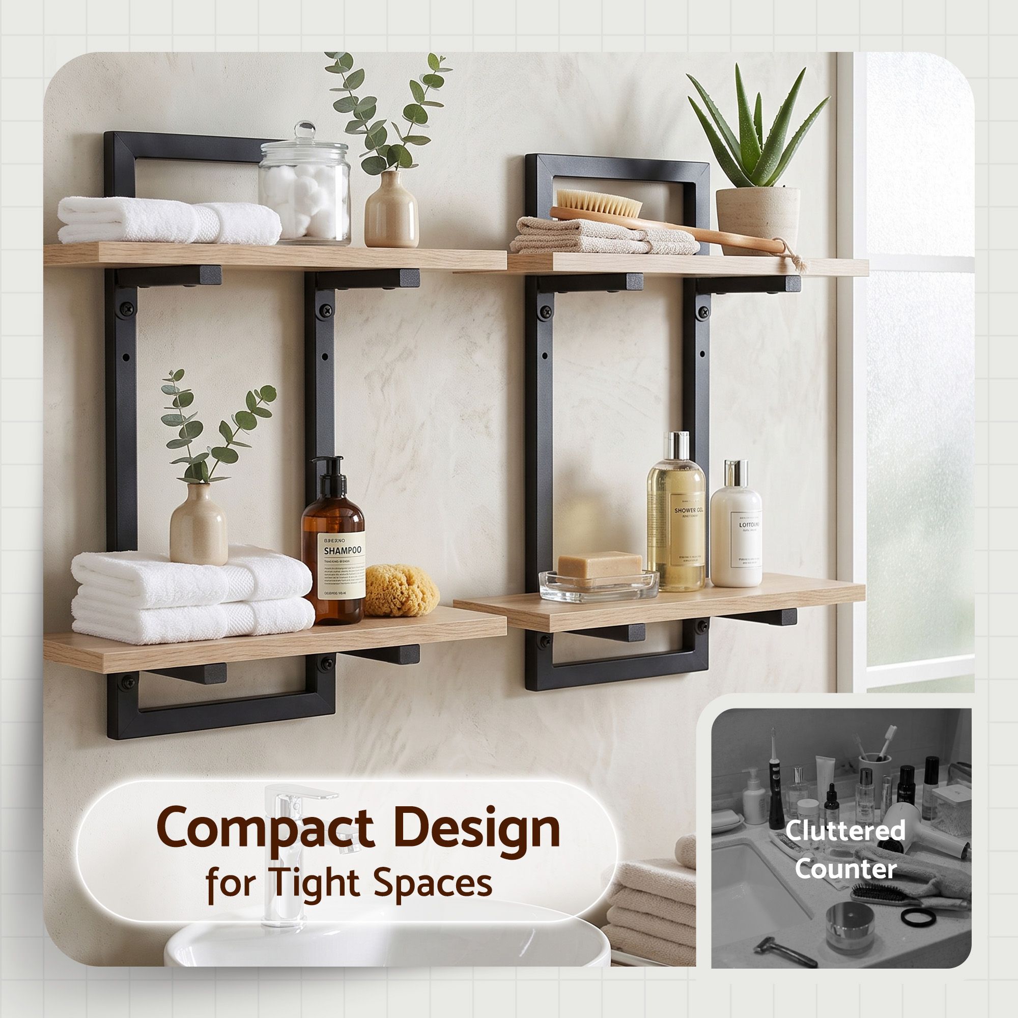 Artiss Set of 2 Floating Wall Shelf 2-Tier Wall-Mounted Display Ledge Wood & Metal - Image 6