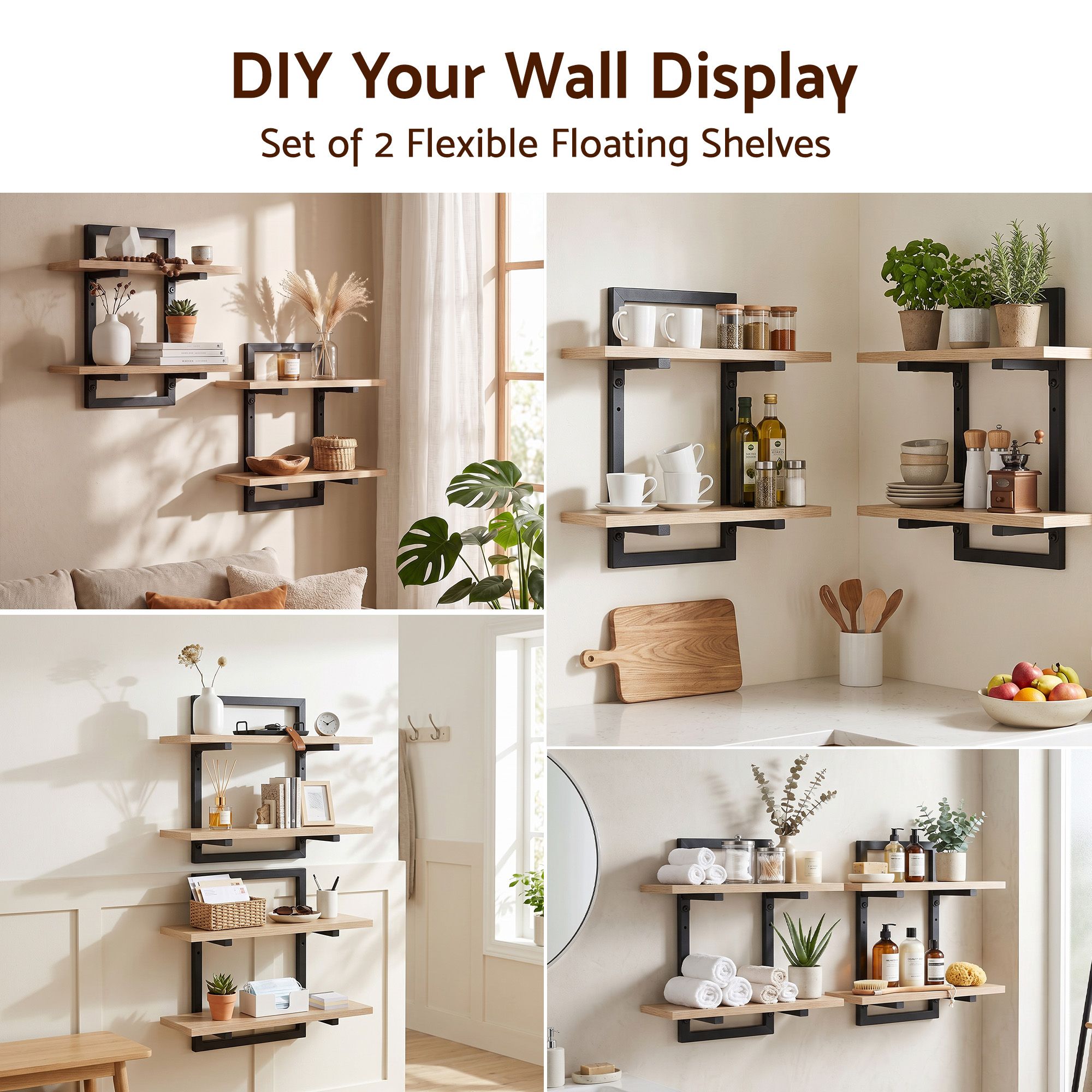 Artiss Set of 2 Floating Wall Shelf 2-Tier Wall-Mounted Display Ledge Wood & Metal - Image 7