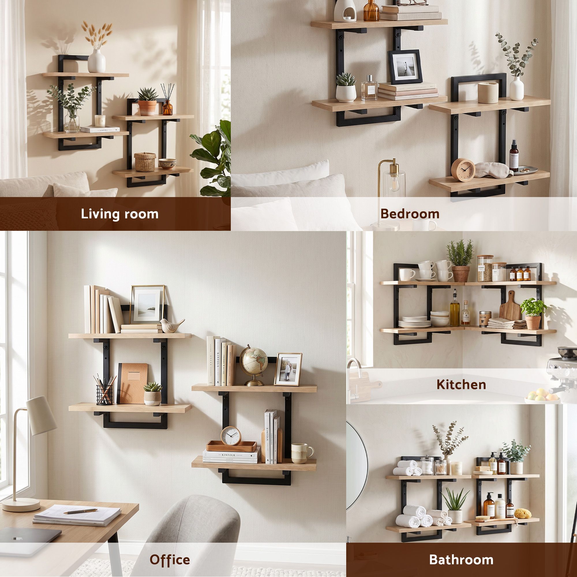 Artiss Set of 2 Floating Wall Shelf 2-Tier Wall-Mounted Display Ledge Wood & Metal - Image 8