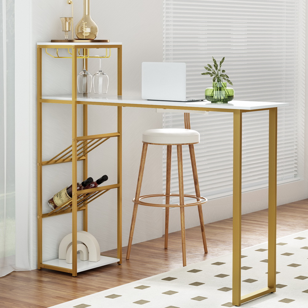 Artiss Bar Table Dining Storage Shelf Wine Rack Home Kitchen Office Desk Gold - Image 1