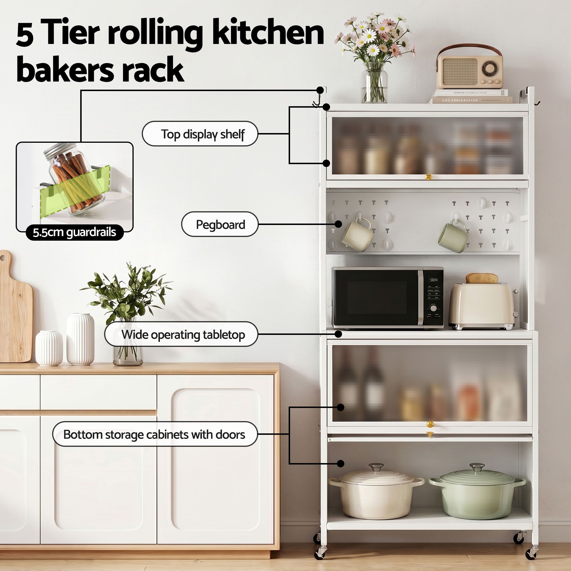 Artiss Kitchen Cabinet Storage Shelves Pegboard Cupboard Sideboard 80CMX164CM - Image 5