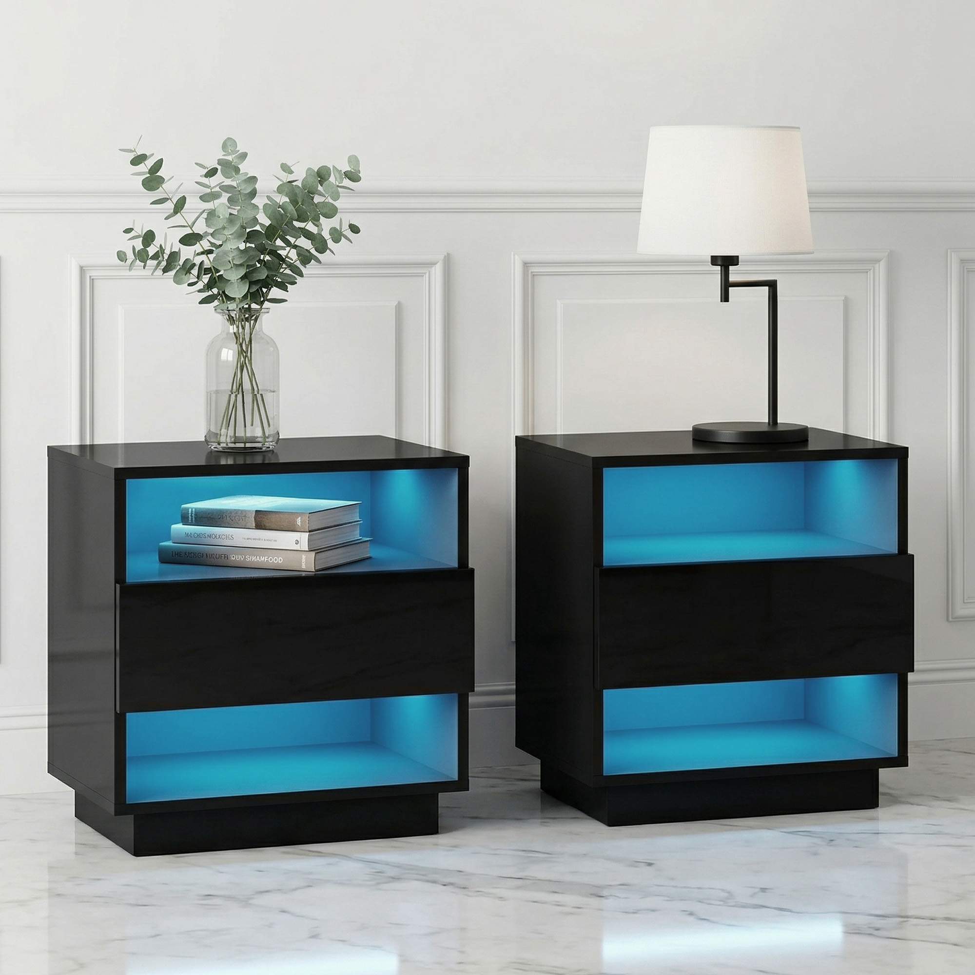 Artiss 2x Bedside Table LED with 2 Shelves - HANA Black - Image 1