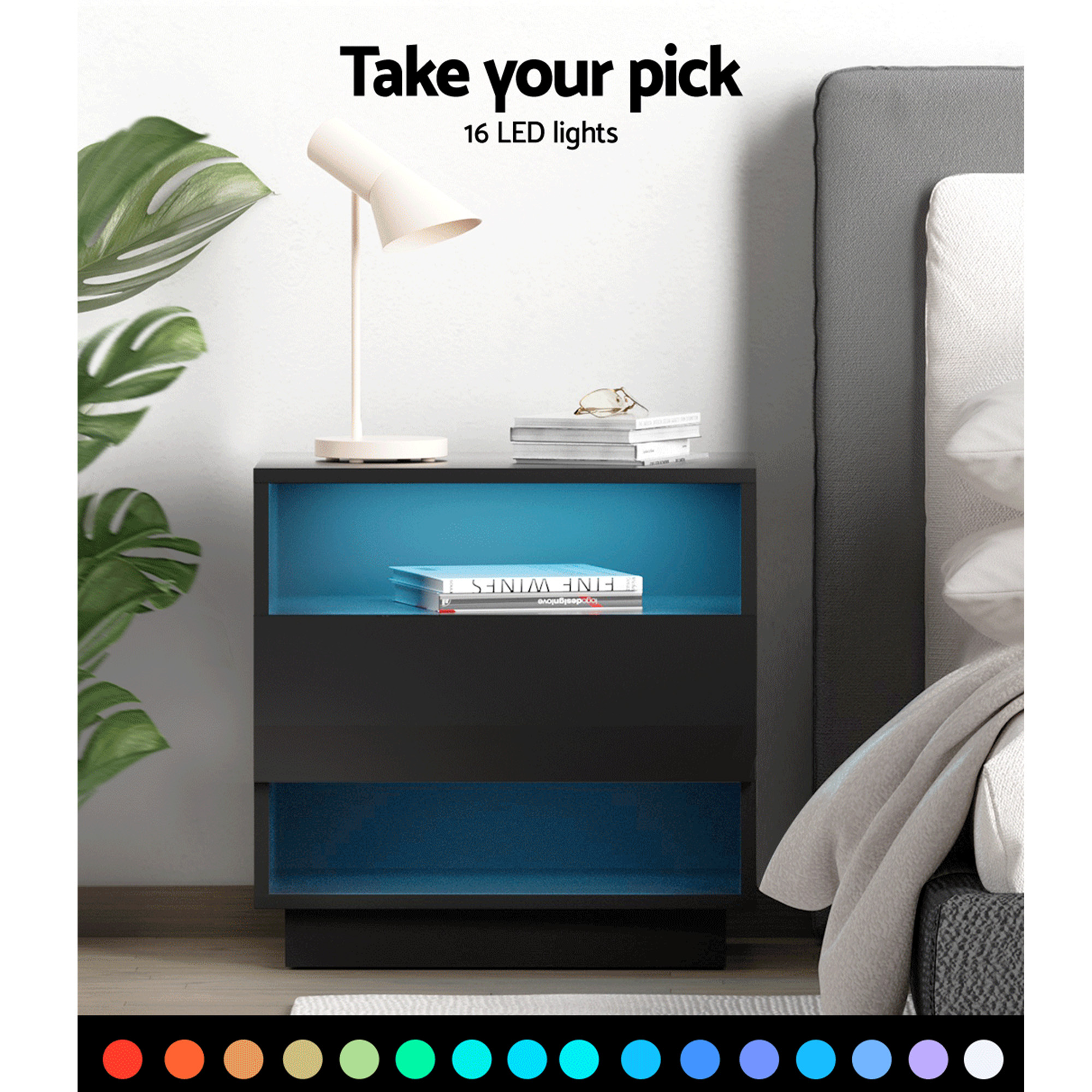 Artiss 2x Bedside Table LED with 2 Shelves - HANA Black - Image 4