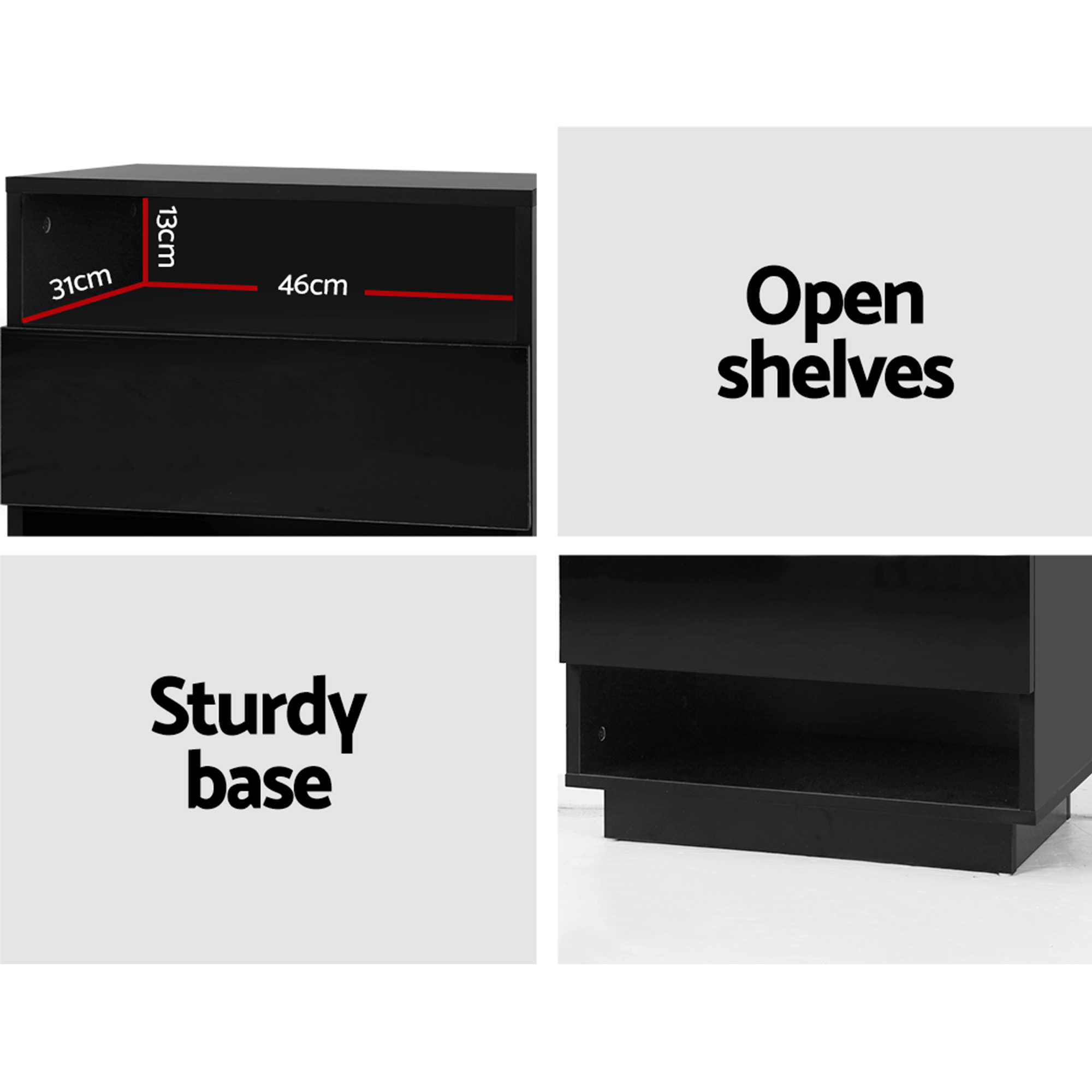 Artiss 2x Bedside Table LED with 2 Shelves - HANA Black - Image 5