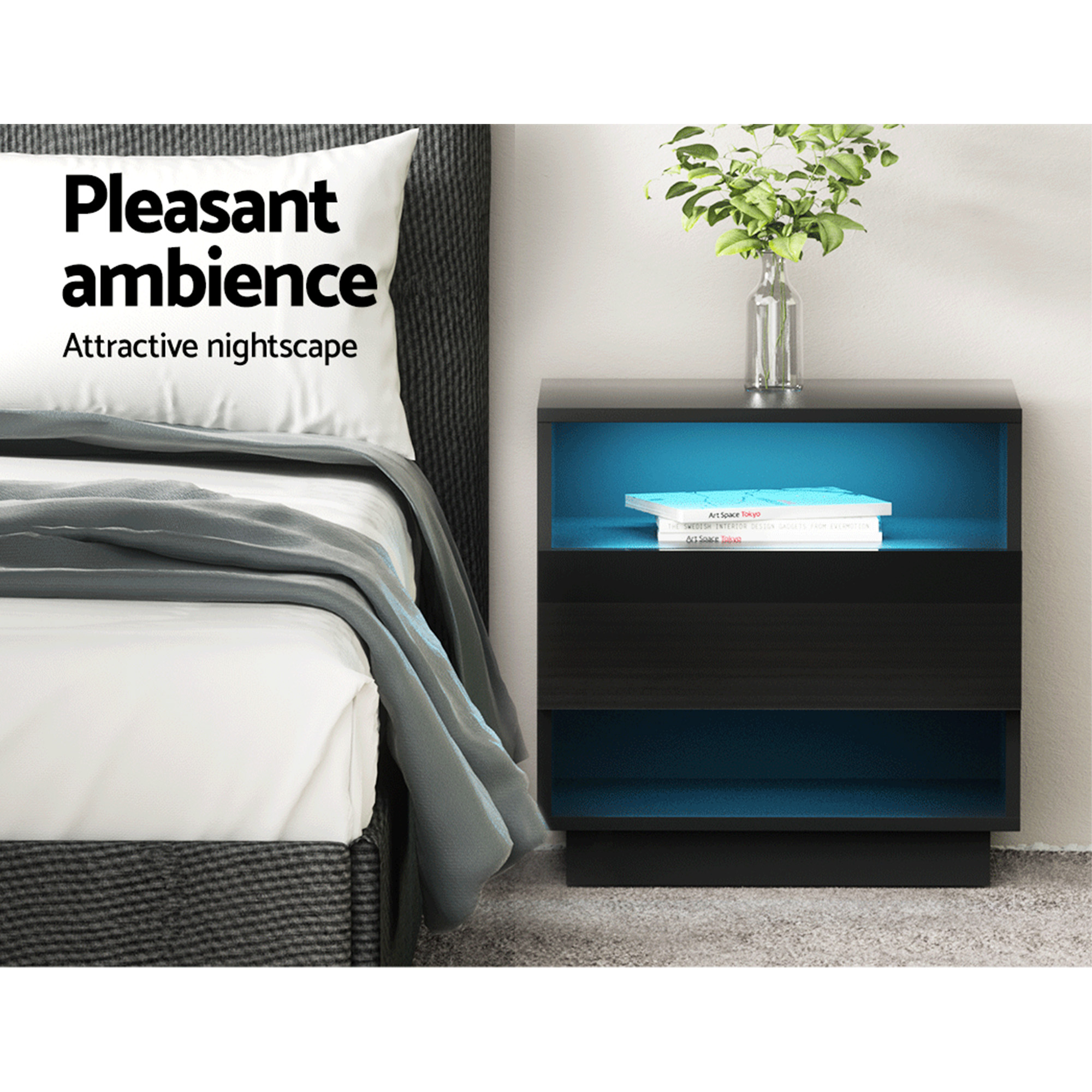 Artiss 2x Bedside Table LED with 2 Shelves - HANA Black - Image 8