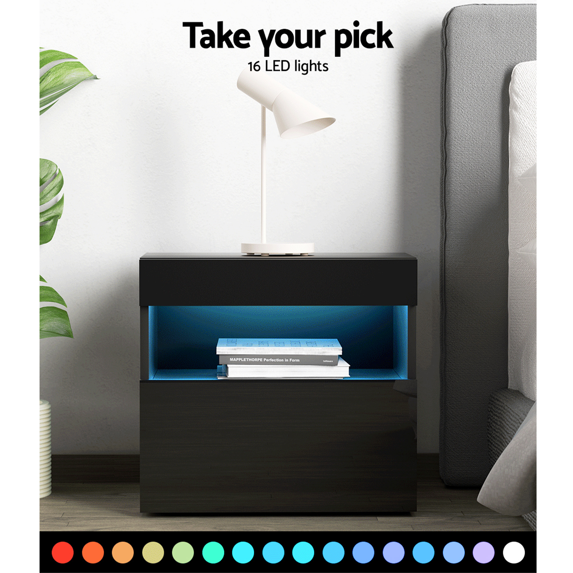 Artiss 2x Bedside Table LED - HERES Black - Image 5