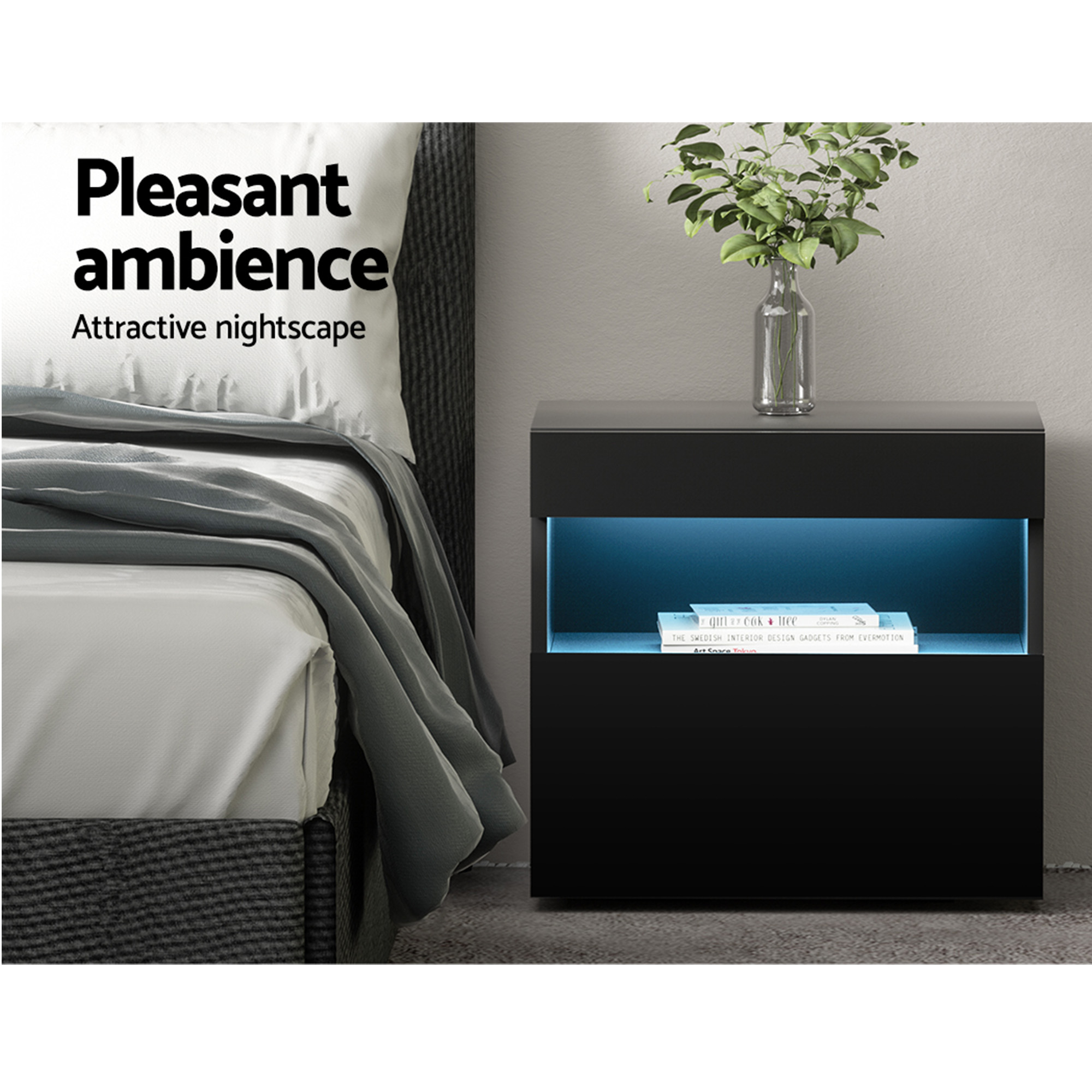 Artiss 2x Bedside Table LED - HERES Black - Image 8