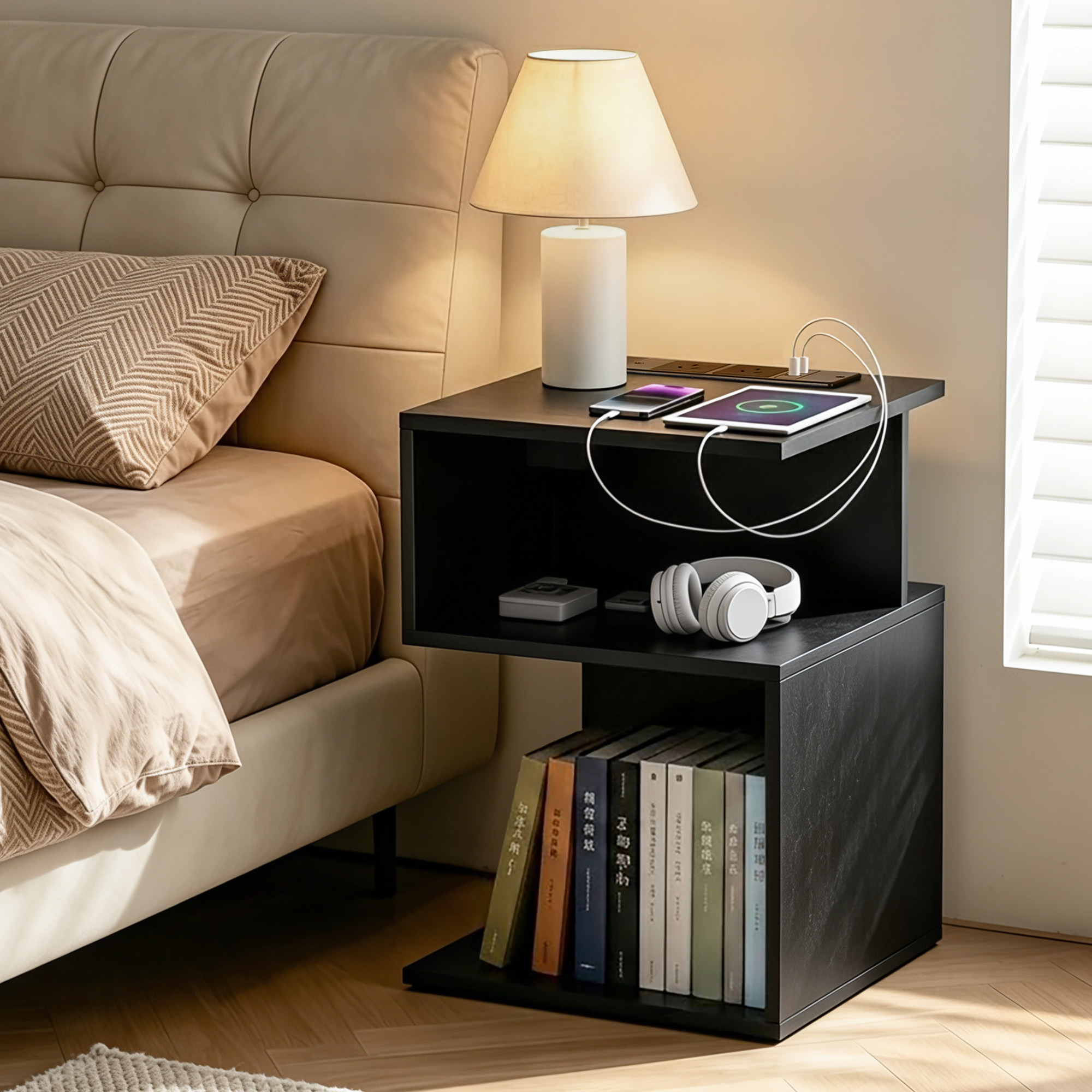 Artiss Bedside Table 2 Shelves S-Shaped Charging Station Black - Image 1