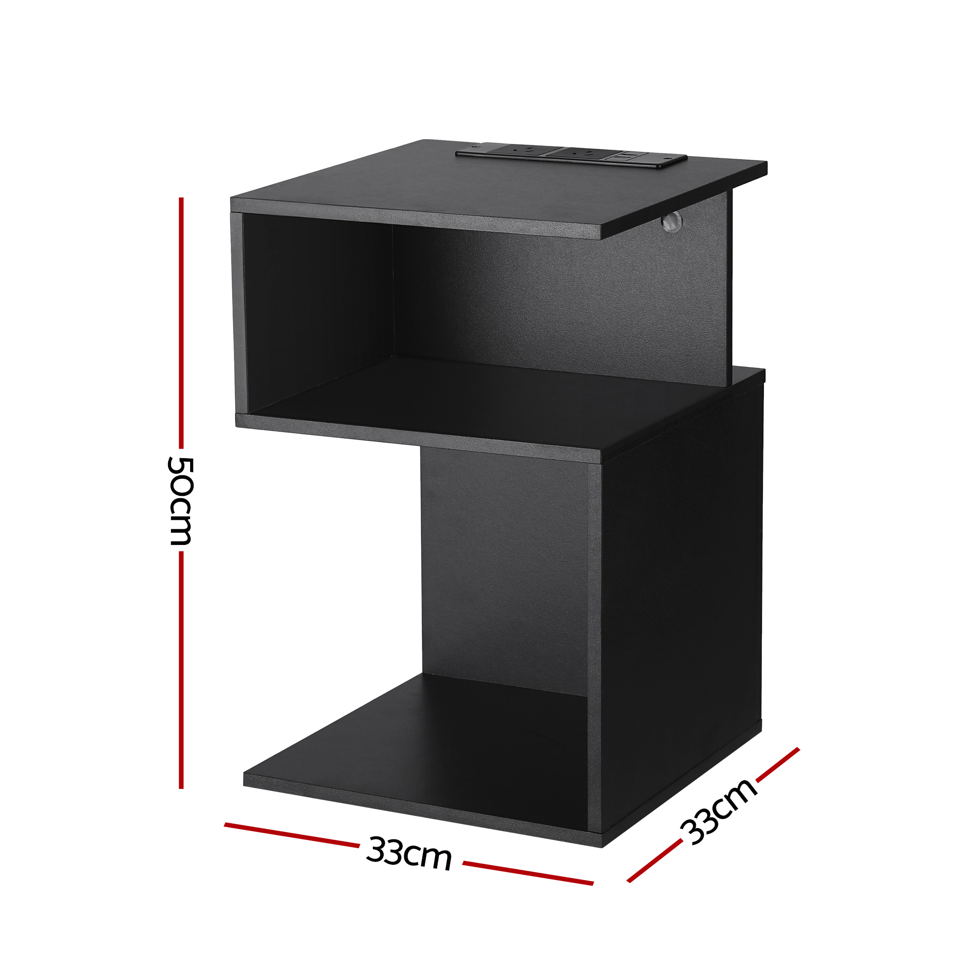 Artiss Bedside Table 2 Shelves S-Shaped Charging Station Black - Image 2