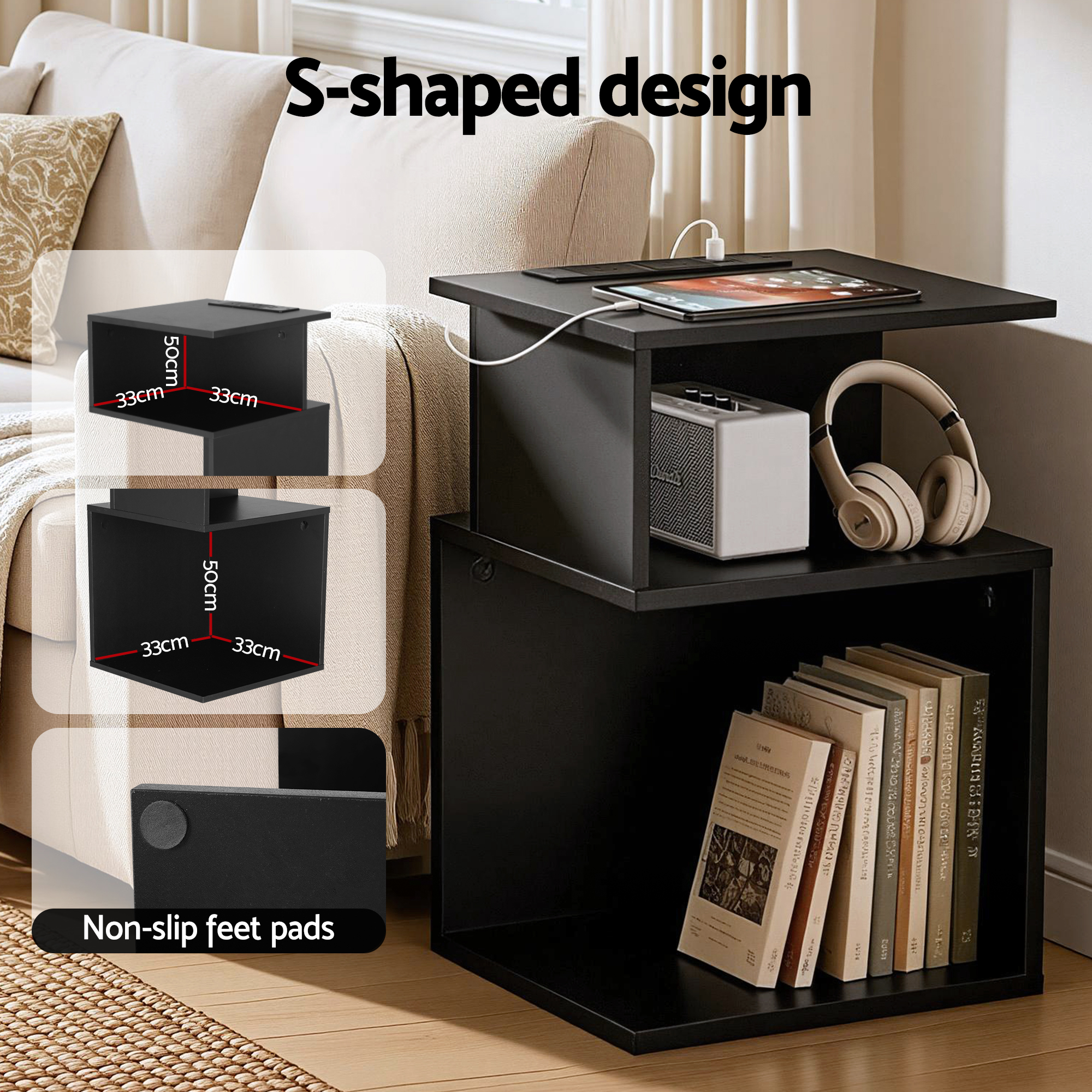 Artiss Bedside Table 2 Shelves S-Shaped Charging Station Black - Image 4