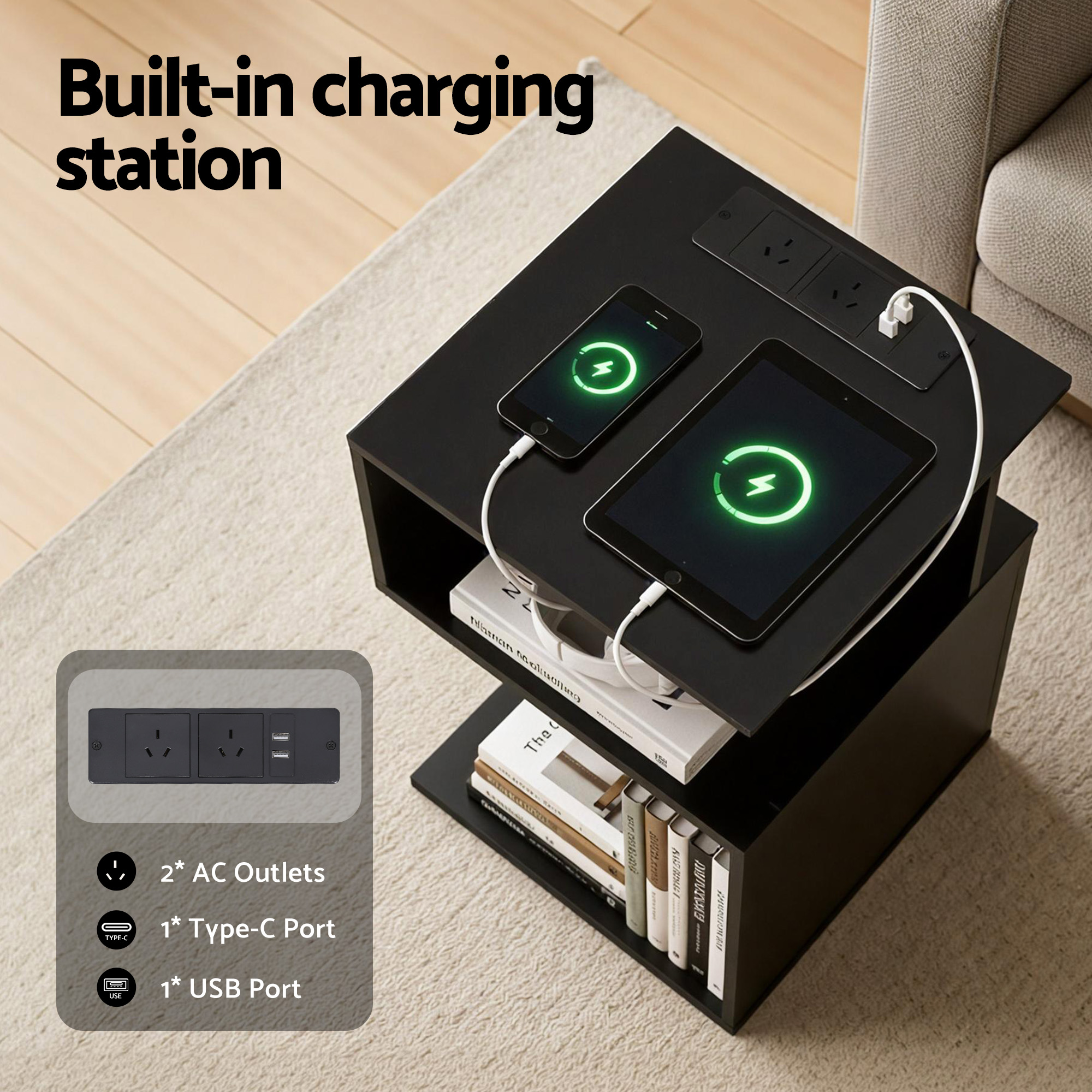 Artiss Bedside Table 2 Shelves S-Shaped Charging Station Black - Image 5