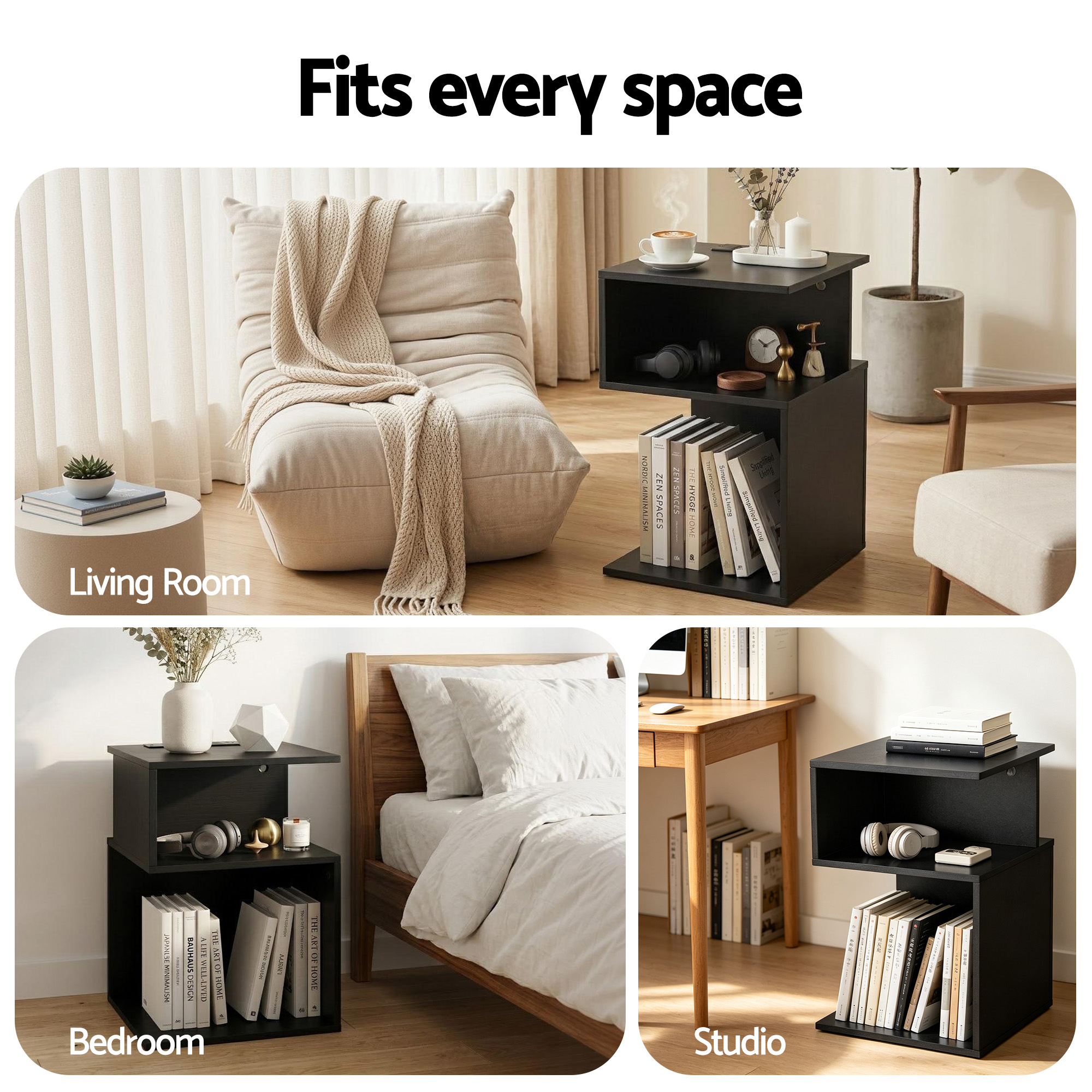 Artiss Bedside Table 2 Shelves S-Shaped Charging Station Black - Image 6
