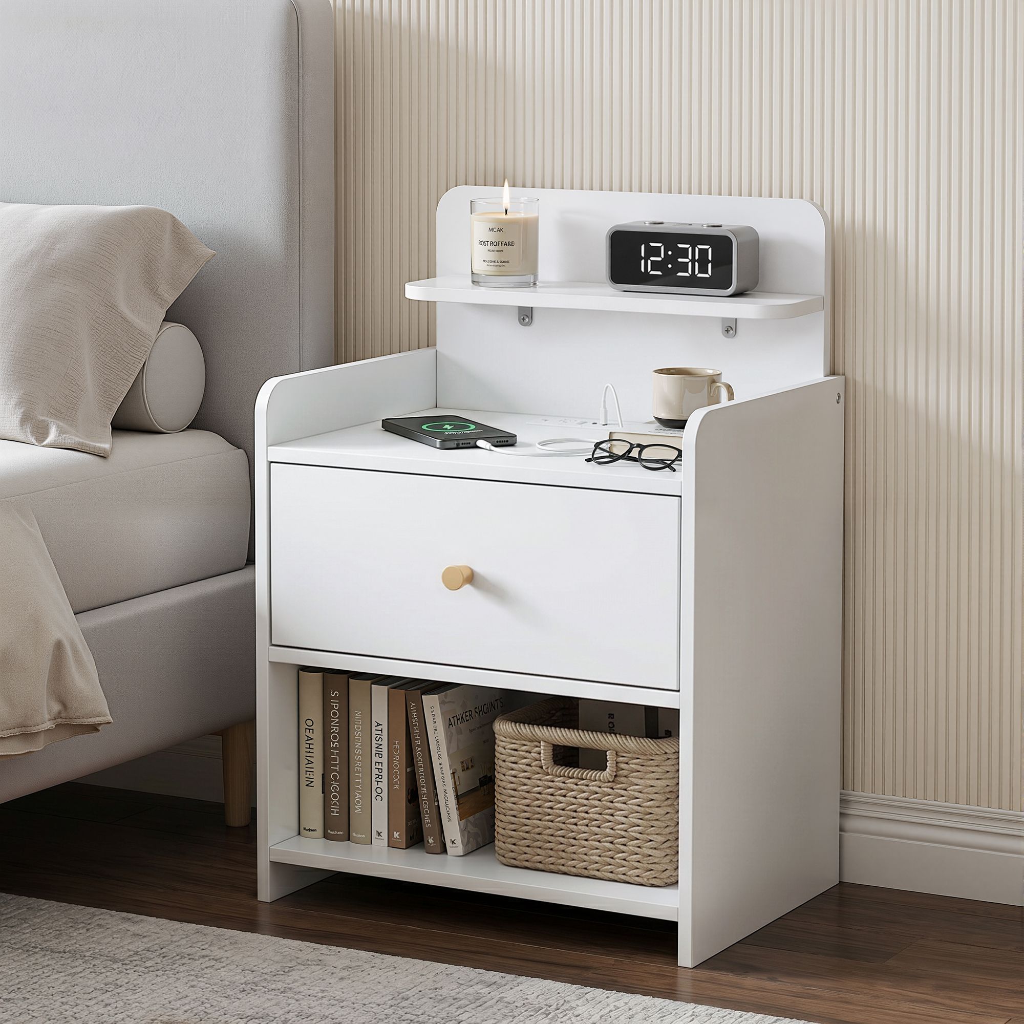 Artiss Bedside Table Drawer Charging Station White - Image 1