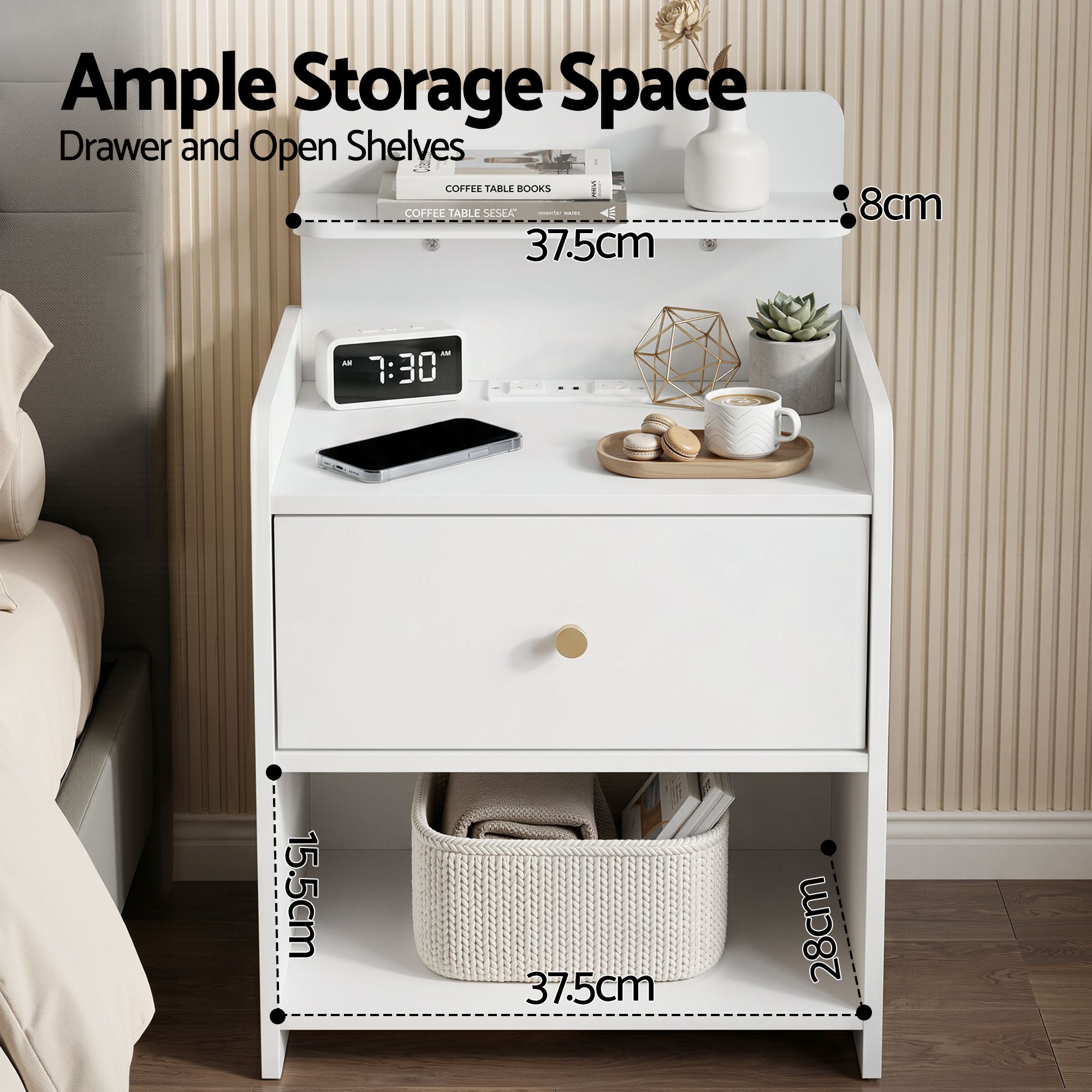 Artiss Bedside Table Drawer Charging Station White - Image 5