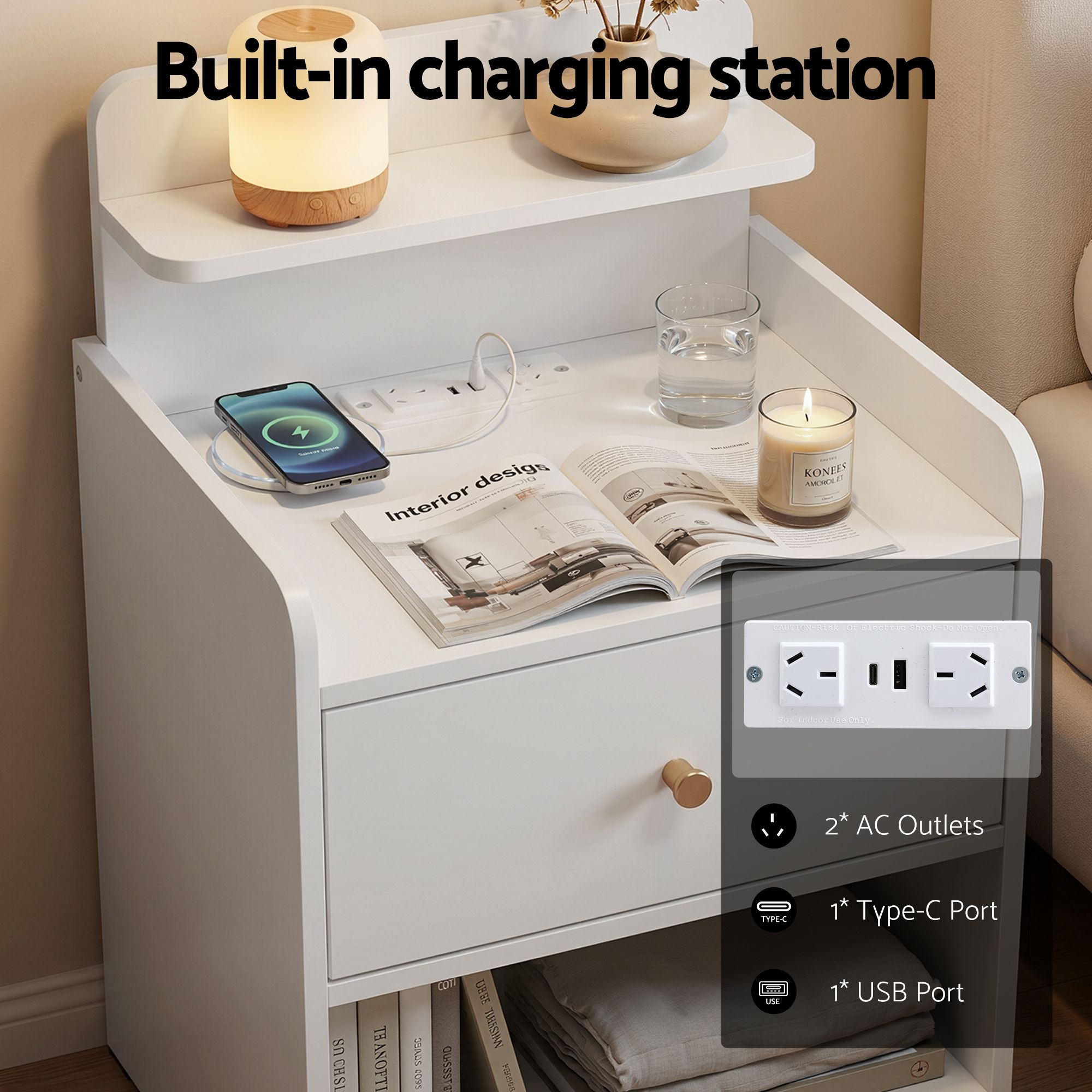 Artiss Bedside Table Drawer Charging Station White - Image 6