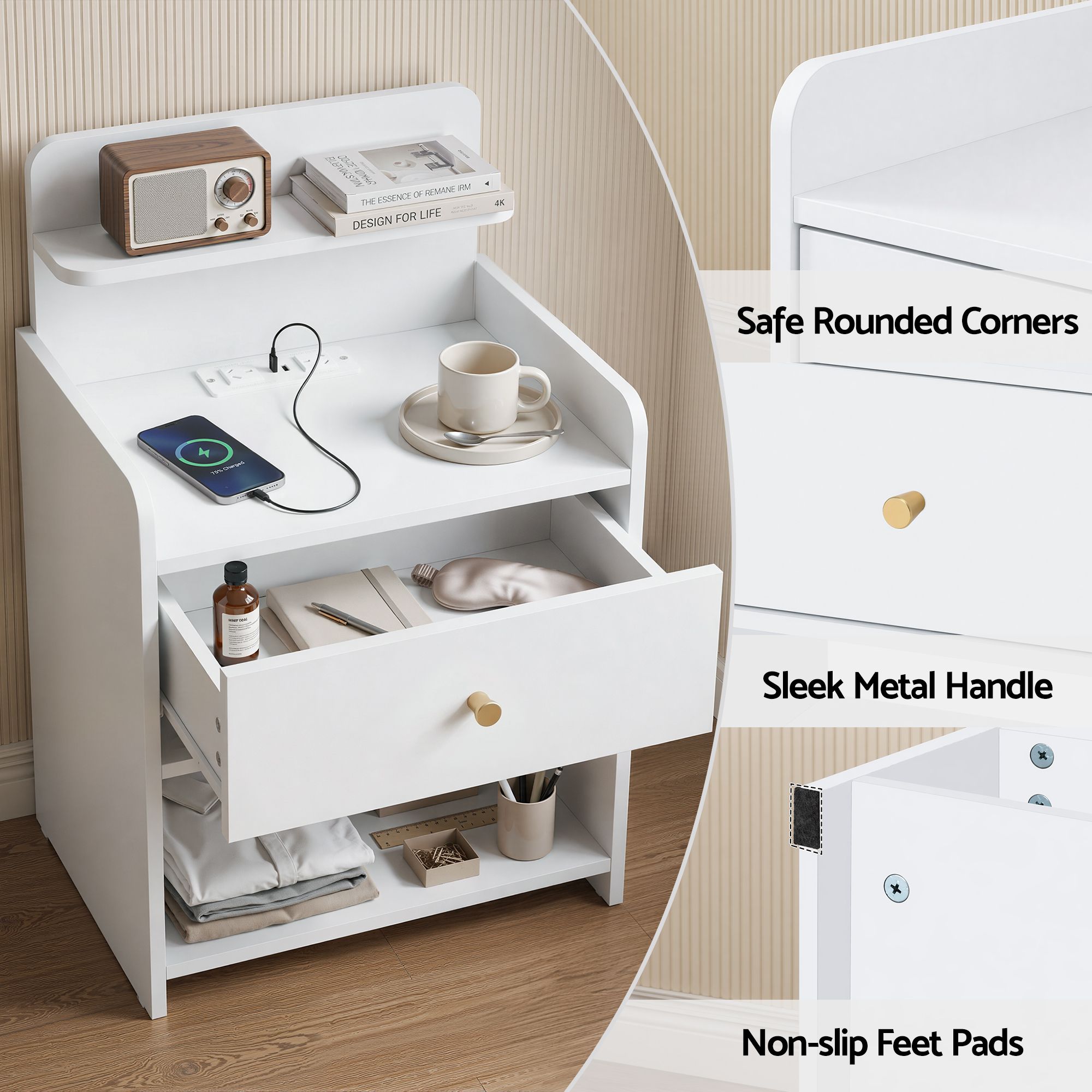 Artiss Bedside Table Drawer Charging Station White - Image 7