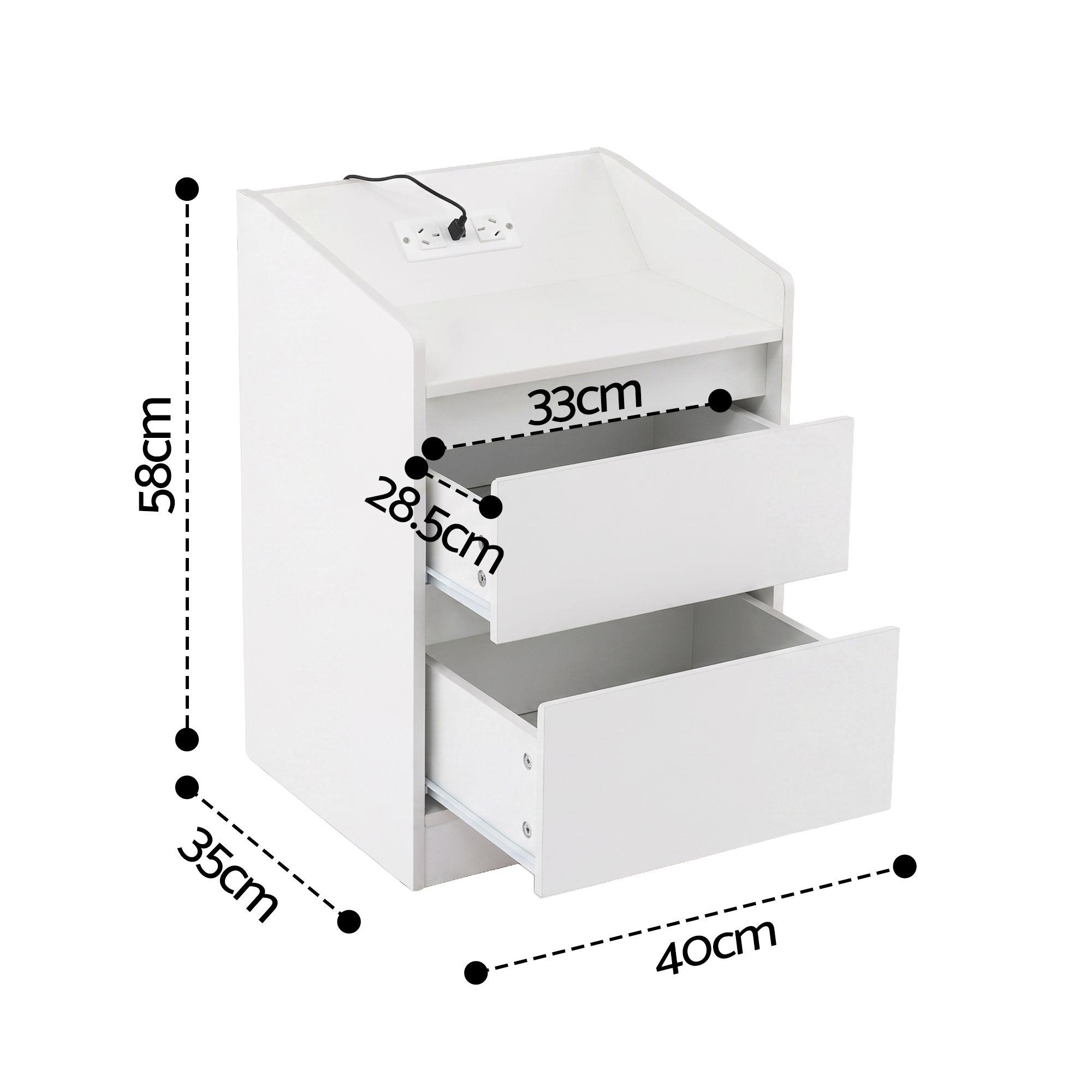 Artiss Bedside Table Nightstand with Charging Station 2 Drawers LED White - Image 3