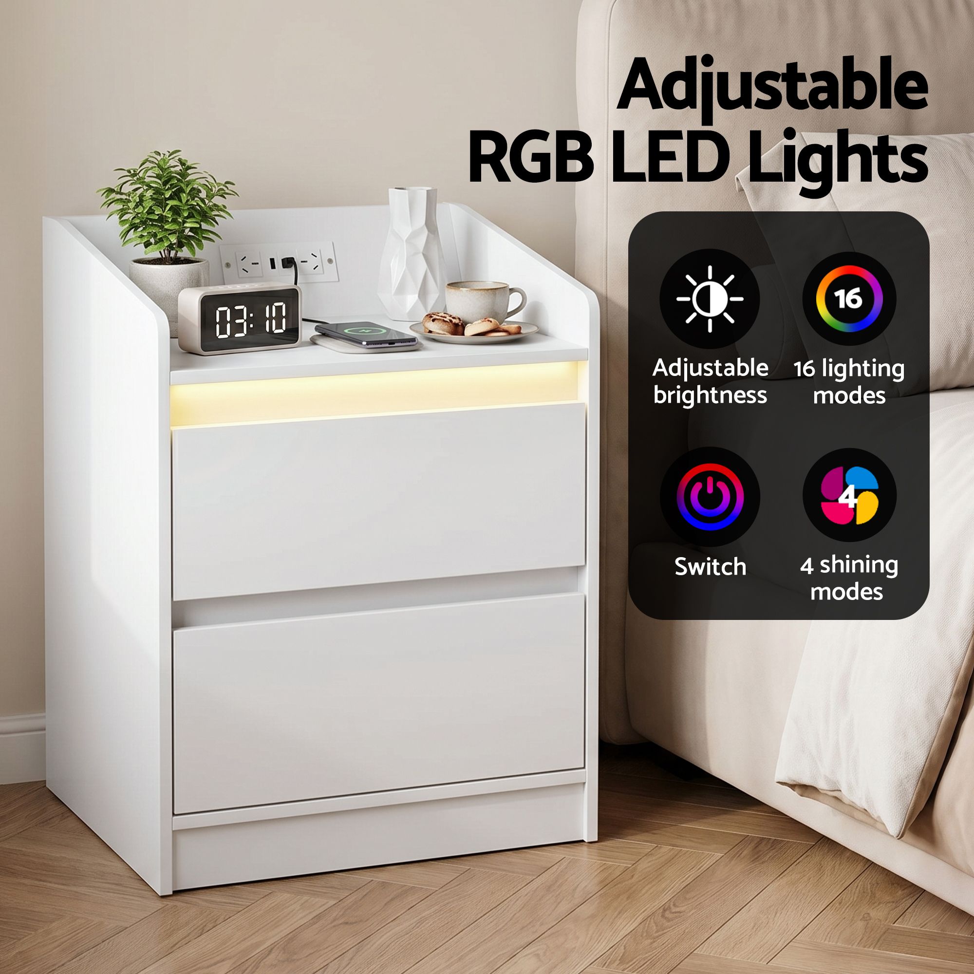 Artiss Bedside Table Nightstand with Charging Station 2 Drawers LED White - Image 5