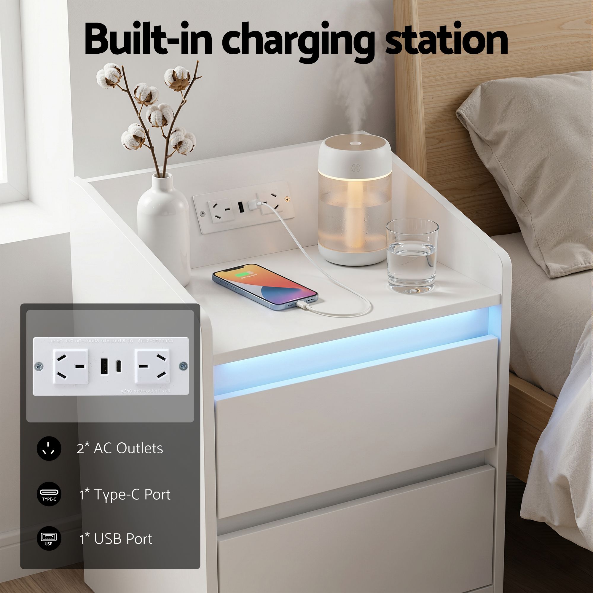 Artiss Bedside Table Nightstand with Charging Station 2 Drawers LED White - Image 6