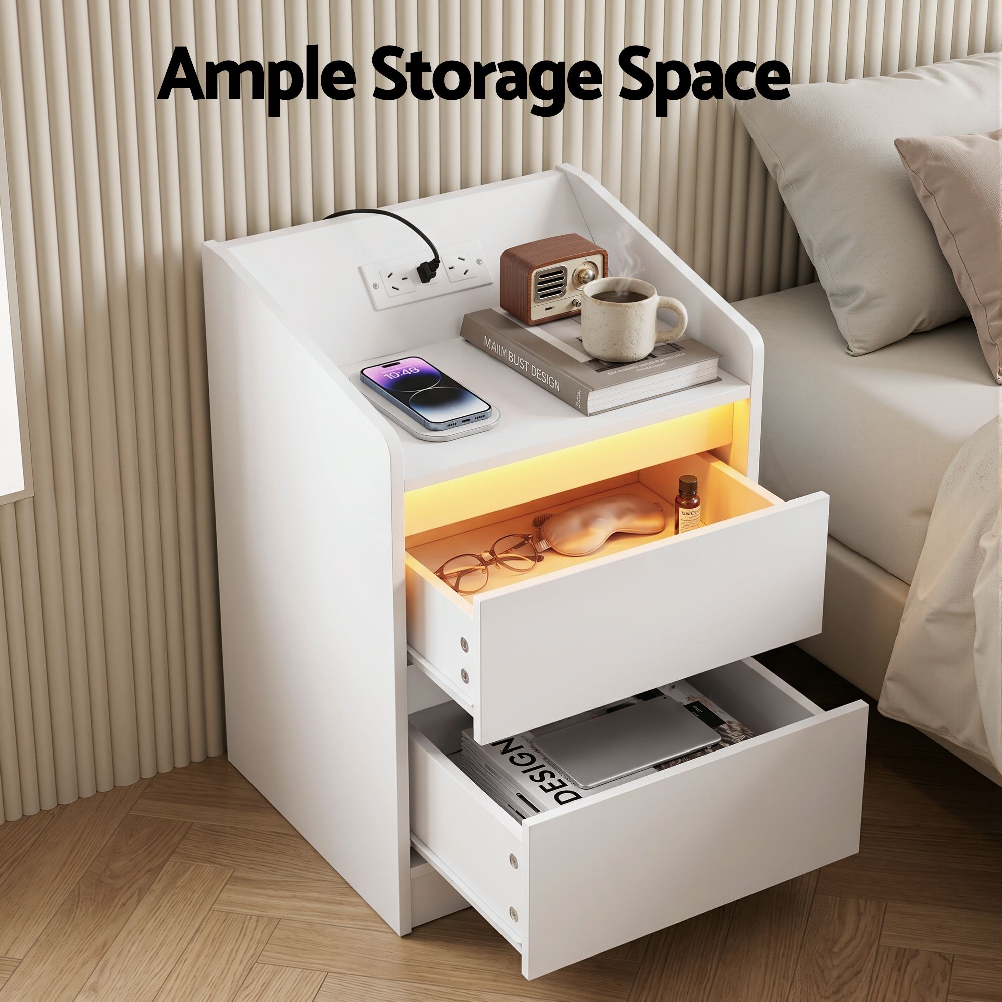 Artiss Bedside Table Nightstand with Charging Station 2 Drawers LED White - Image 7