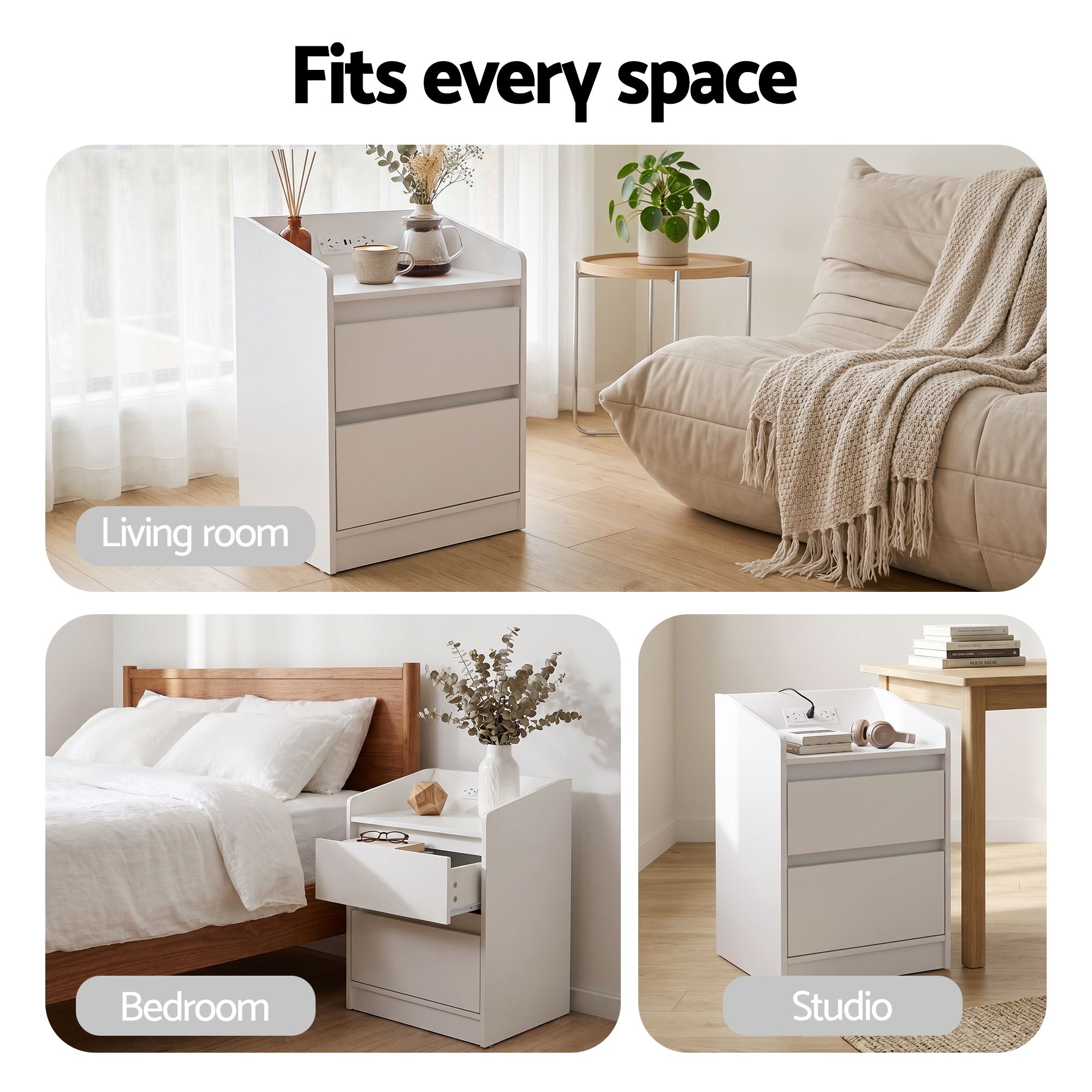 Artiss Bedside Table Nightstand with Charging Station 2 Drawers LED White - Image 8