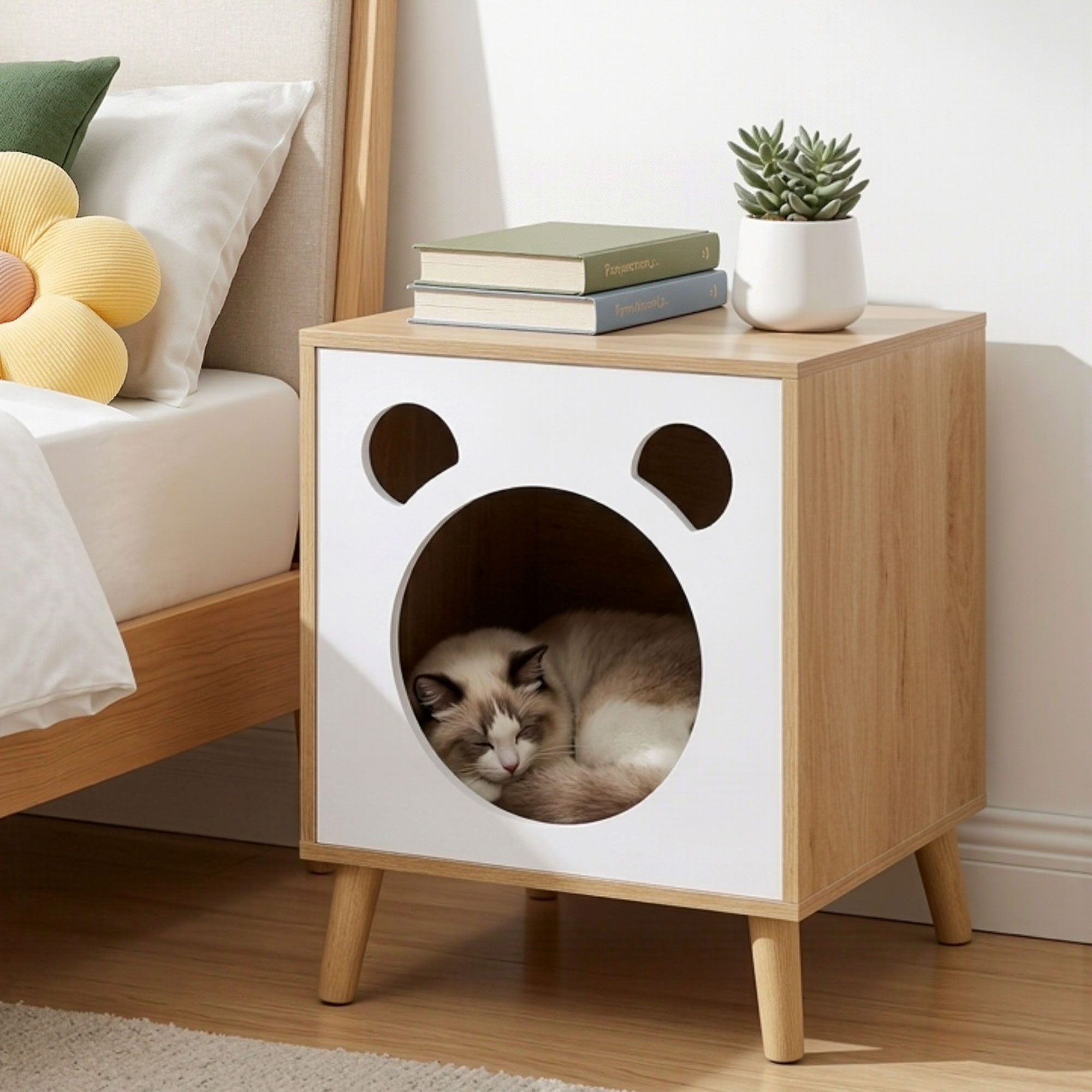 Artiss Cat Nest Bedside Table Solid Wood - Image 1