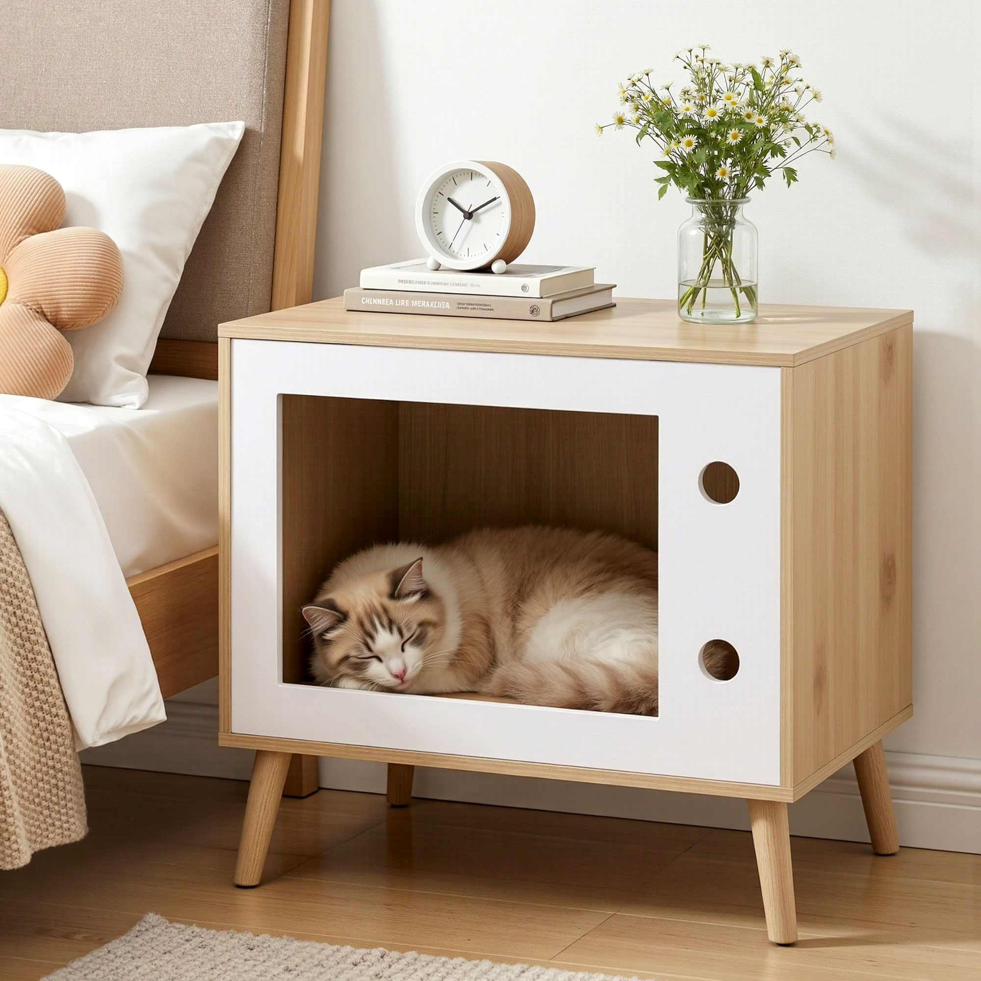 Artiss Cat Nest Bedside Table Solid Wood 60cm - Image 1