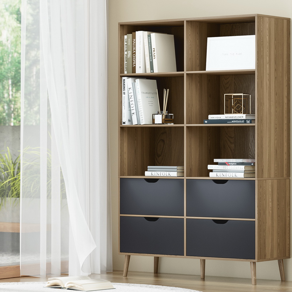 Artiss Bookshelf with 4 Drawers - MITZI Oak and Blue - Image 1