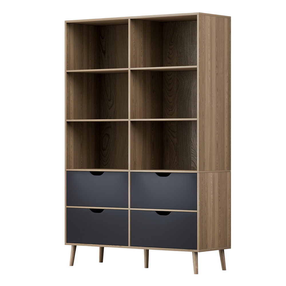 Artiss Bookshelf with 4 Drawers - MITZI Oak and Blue - Image 3