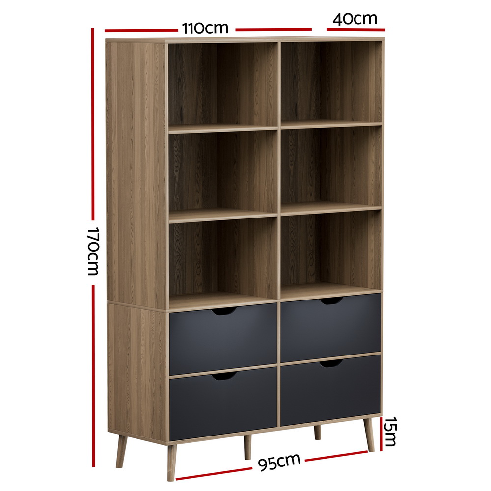 Artiss Bookshelf with 4 Drawers - MITZI Oak and Blue - Image 4