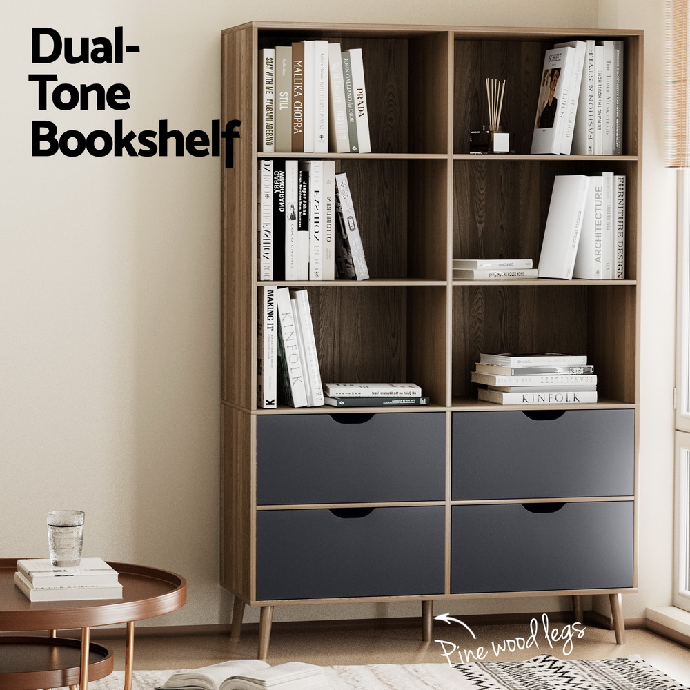 Artiss Bookshelf with 4 Drawers - MITZI Oak and Blue - Image 6