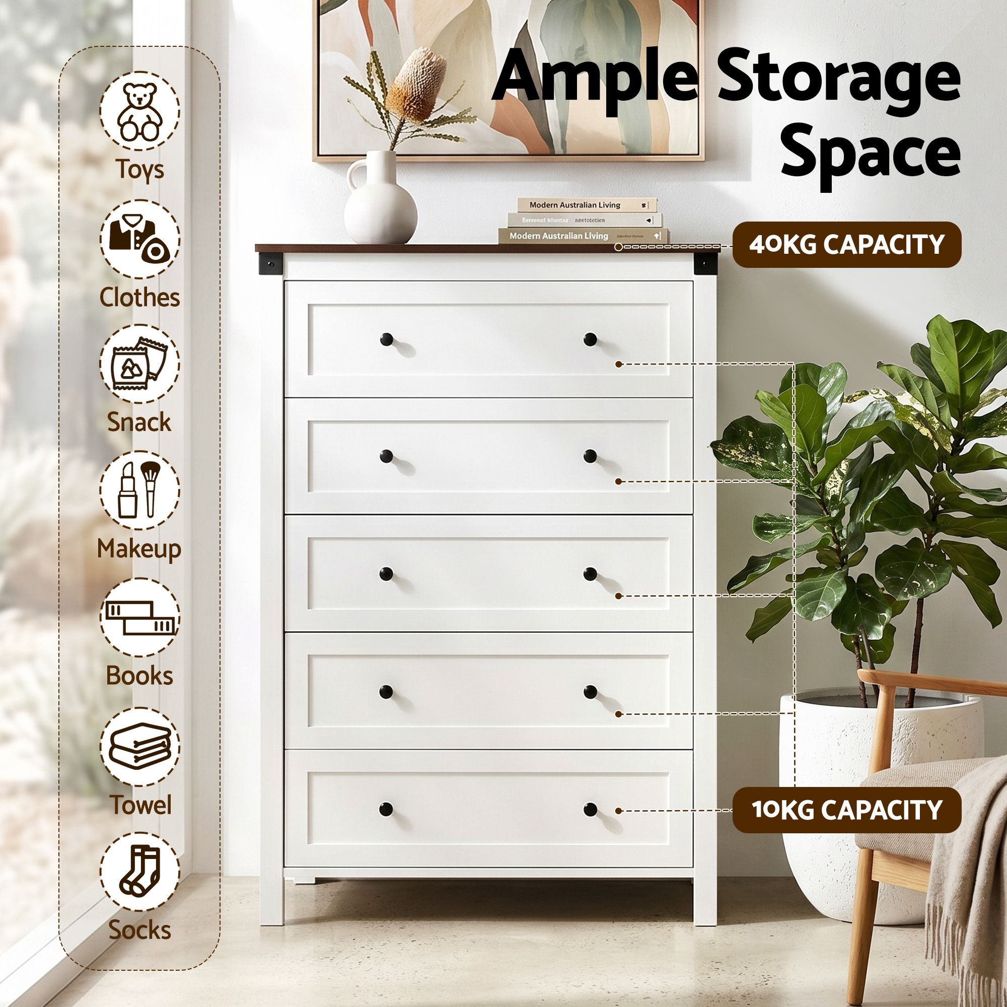 Artiss 5 Chest of Drawers Storage Tallboy White & Walnut - Image 5