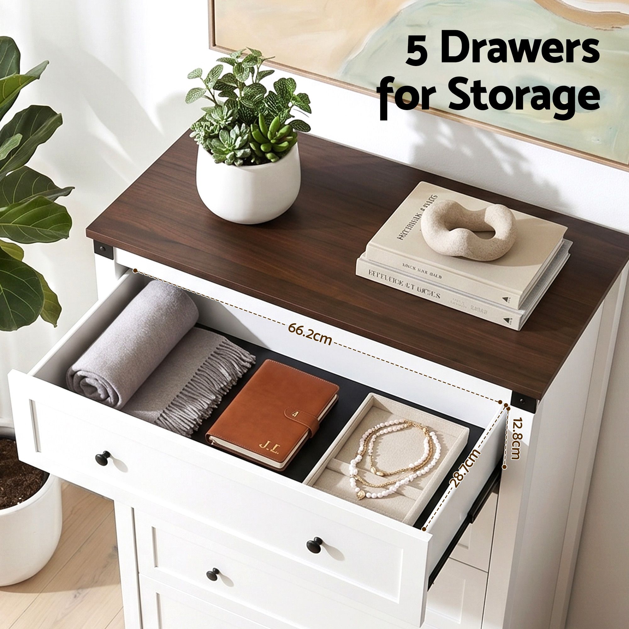 Artiss 5 Chest of Drawers Storage Tallboy White & Walnut - Image 6