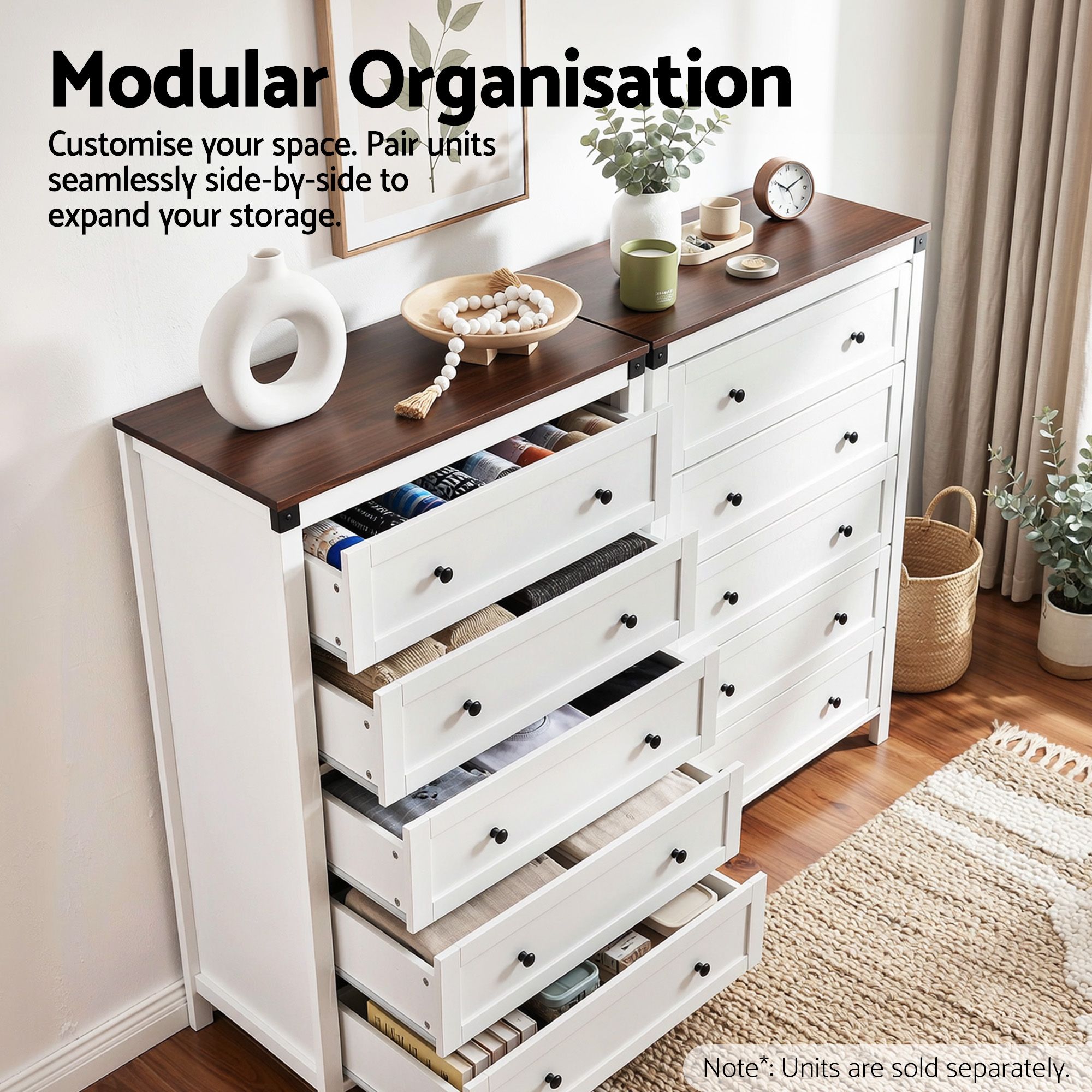 Artiss 5 Chest of Drawers Storage Tallboy White & Walnut - Image 7