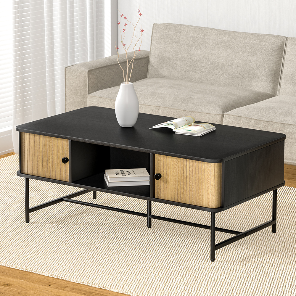 Artiss Coffee Table Sliding Drawer Door Black Boris - Image 1